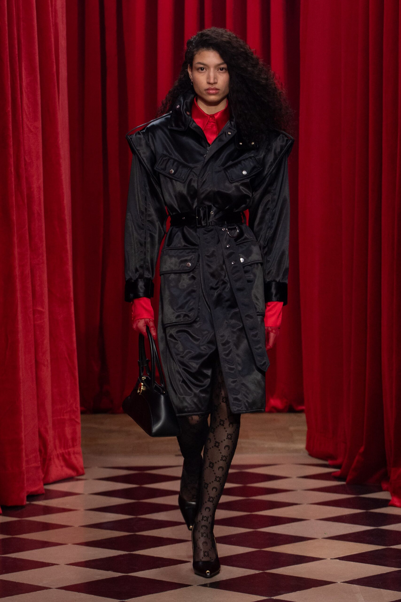 red silk long-sleeve collared fitted shirt