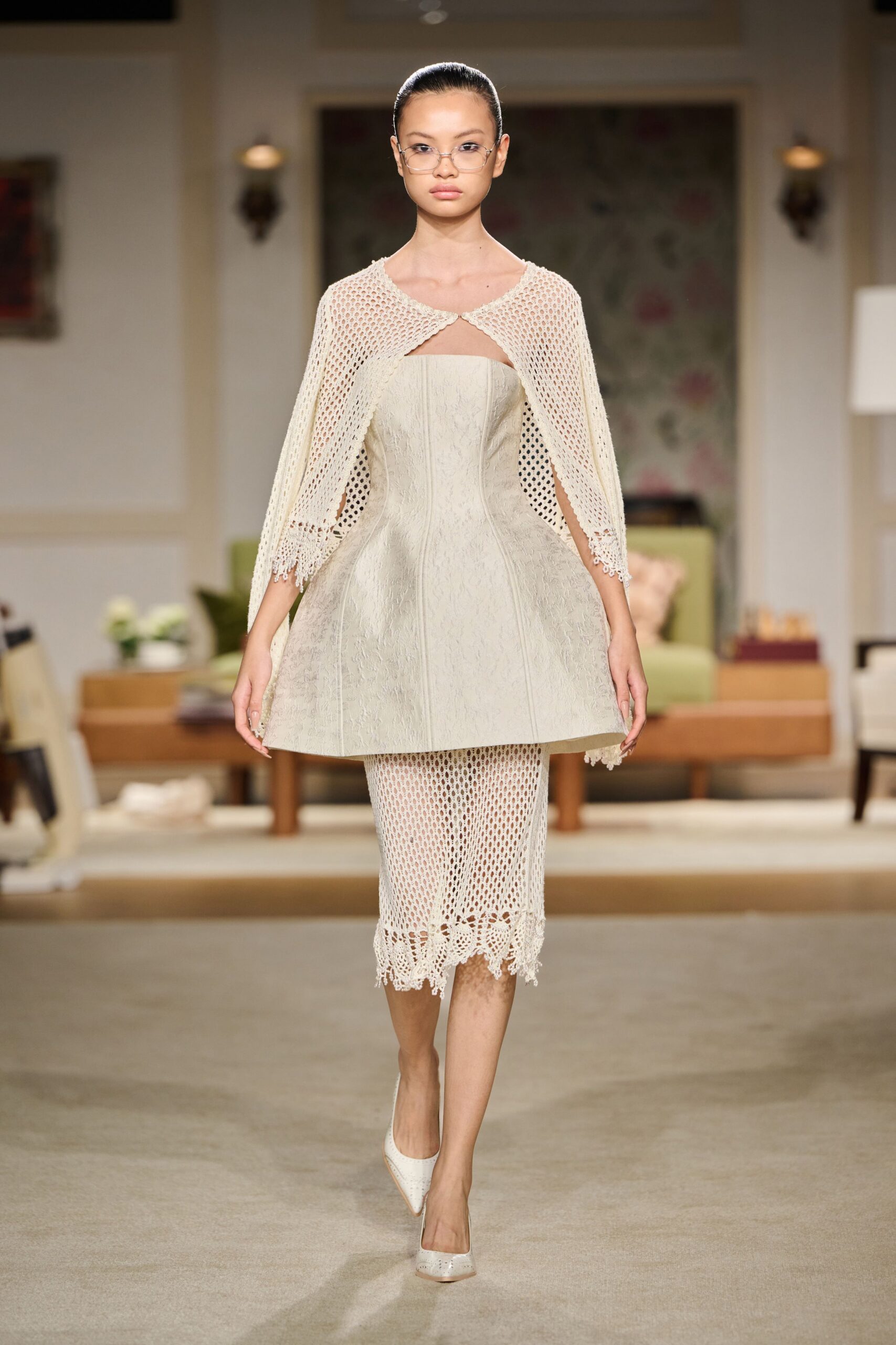 beige lace sleeveless v-neck fitted pleated layered dress