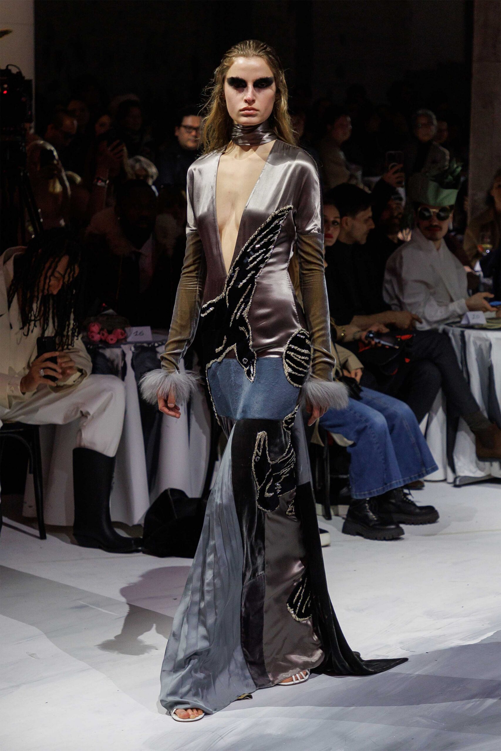 gray denim long-sleeve v-neck fitted embroidered flared gown
