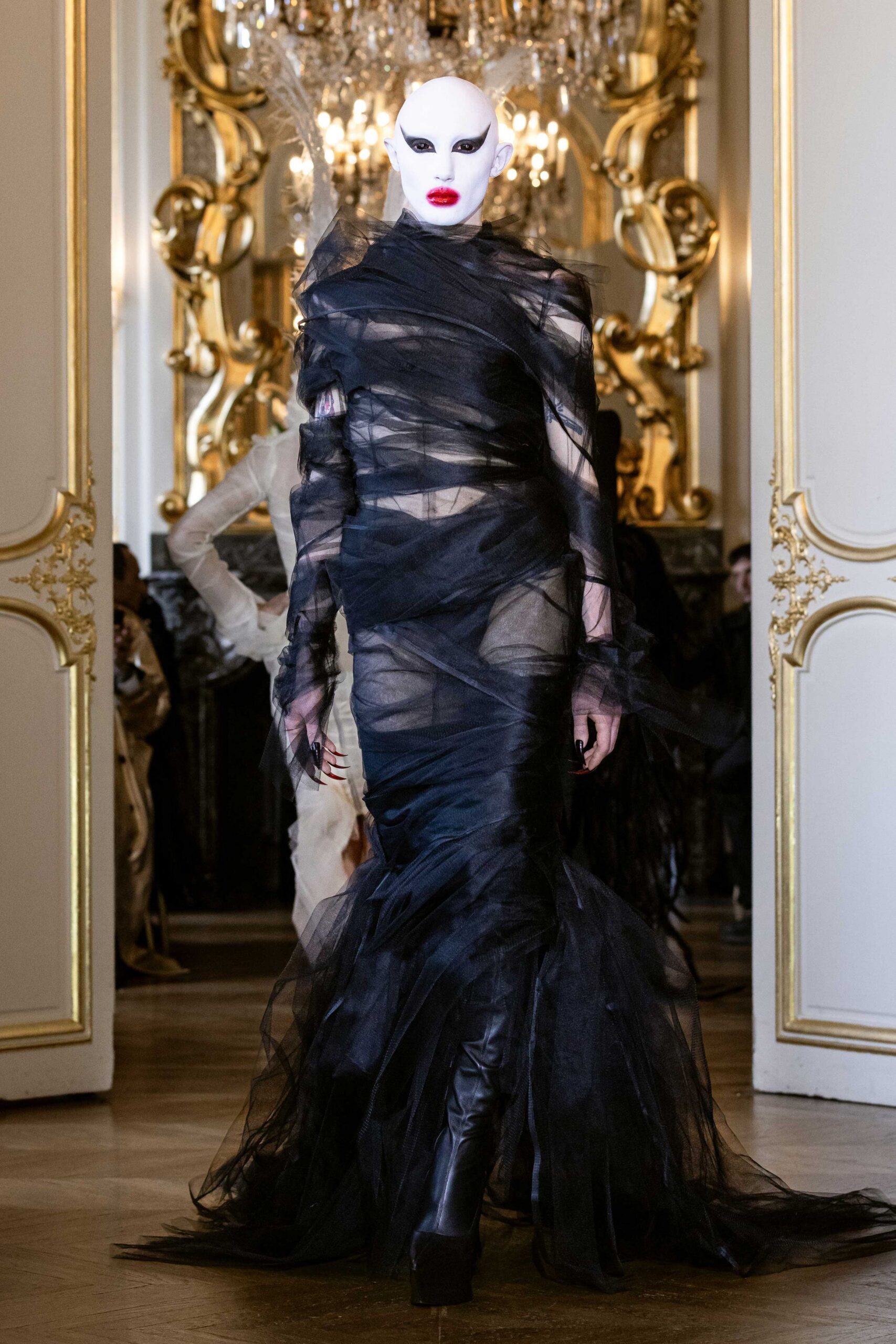 black tulle long-sleeve high-neck fitted layered draped gown