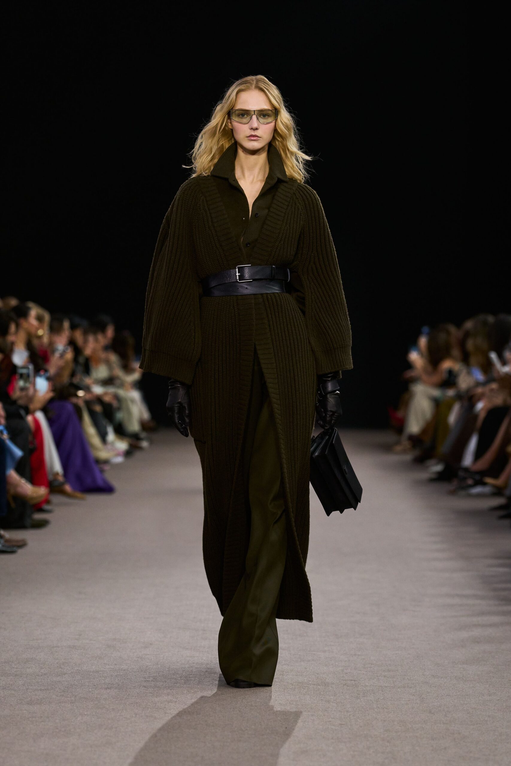 green wool long-sleeve collared relaxed belted maxi coat
