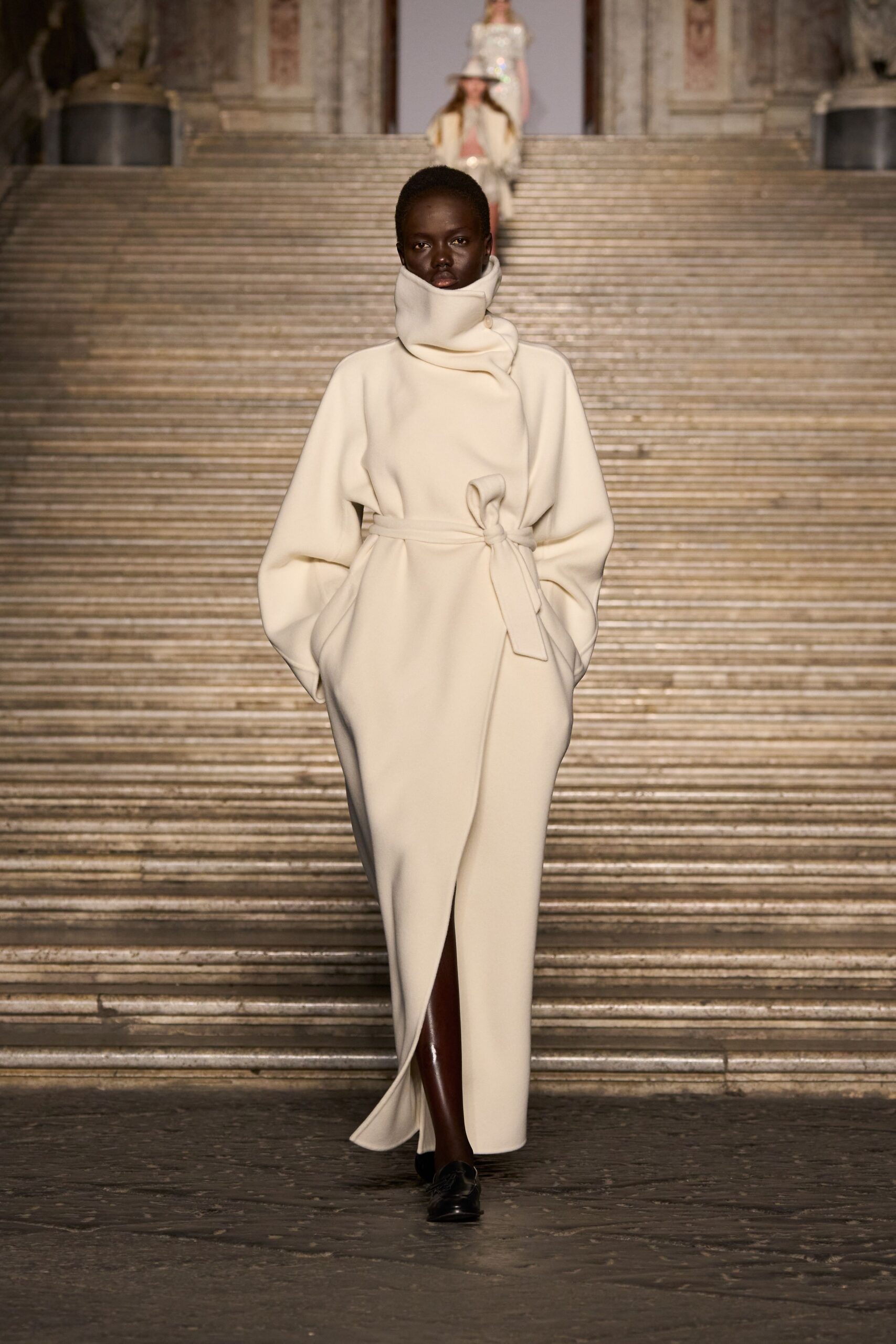 white wool maxi dress with belt