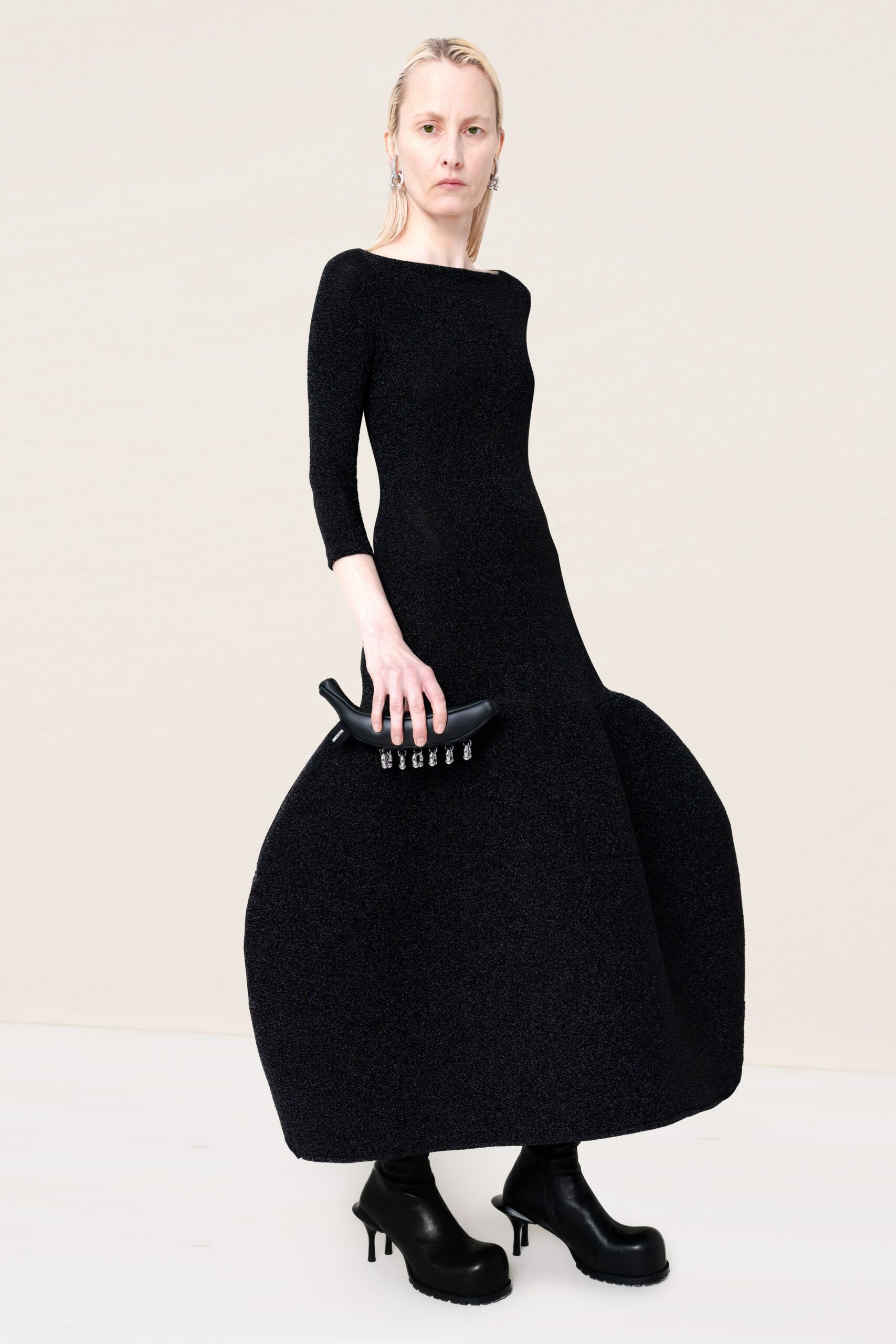 black cotton long-sleeve off-shoulder fitted flared maxi dress
