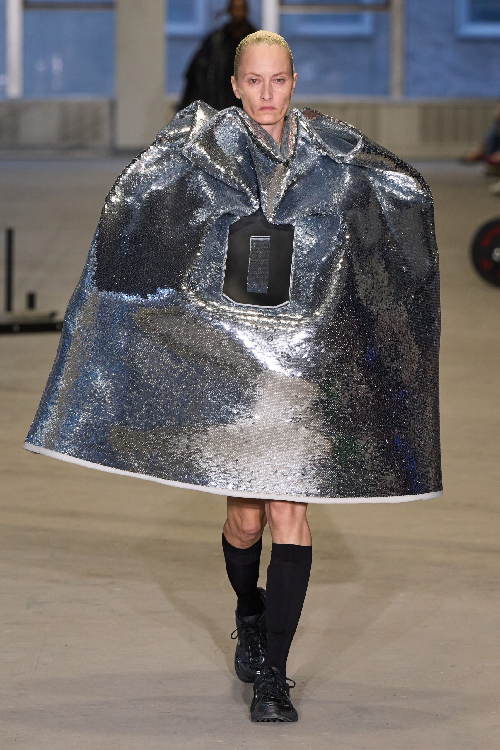 gray metallic oversized draped shiny coat