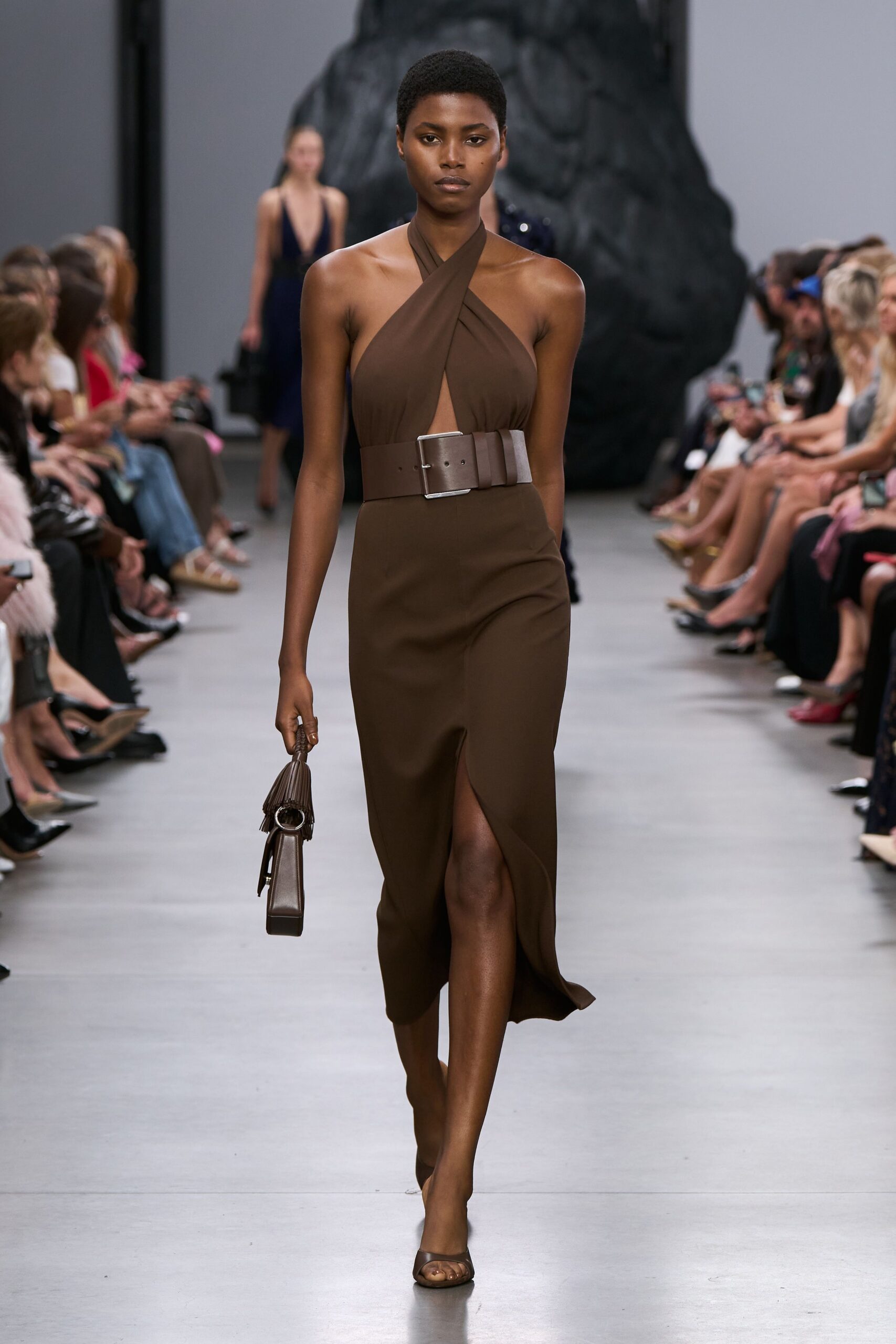 brown silk sleeveless v-neck fitted belted midi dress