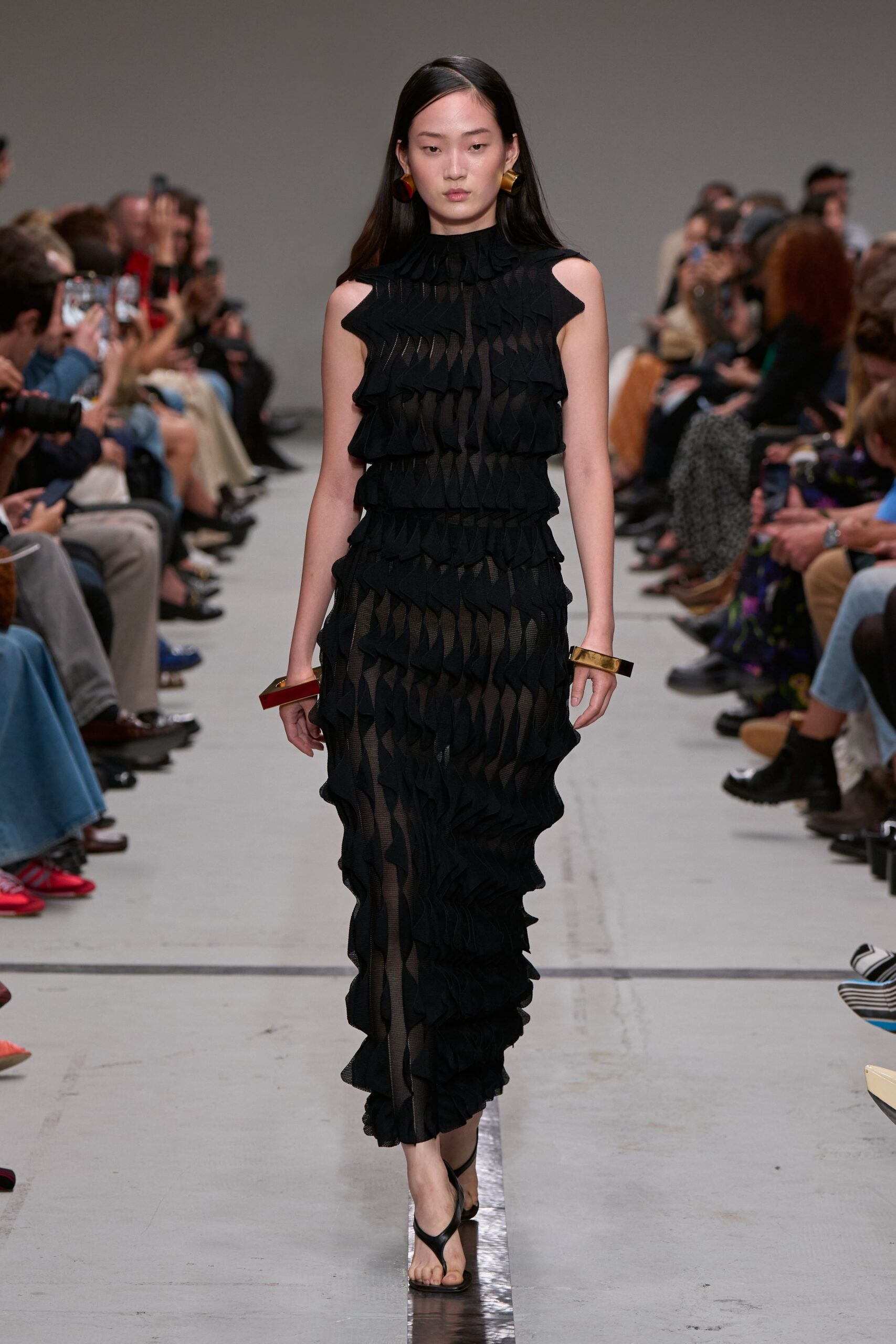 black silk sleeveless high-neck fitted ruffled sheer dress