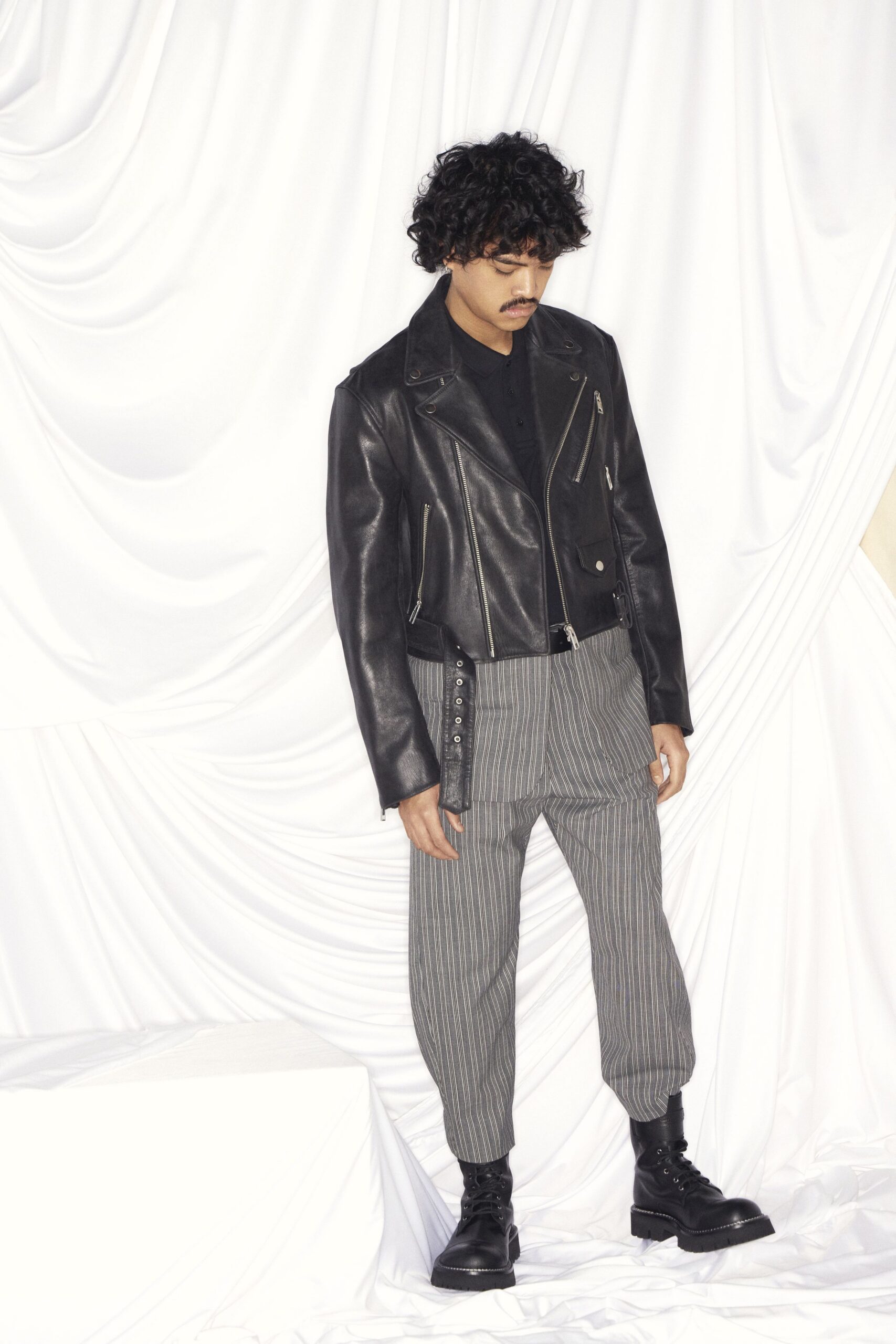 black leather jacket gray striped pants