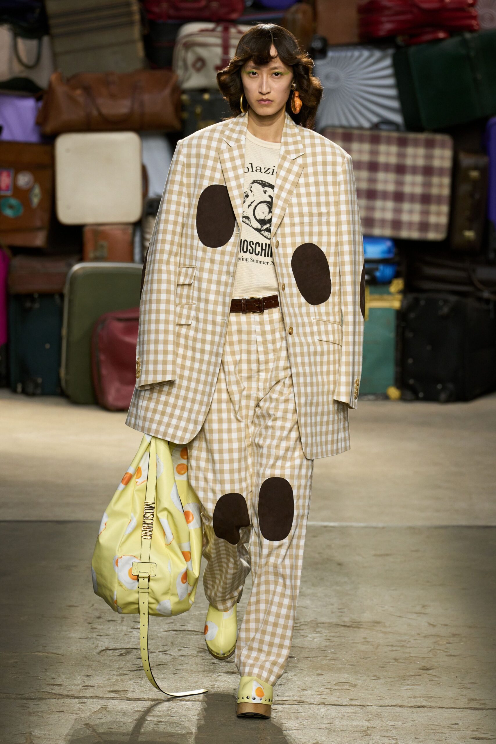 beige checked suit with t-shirt