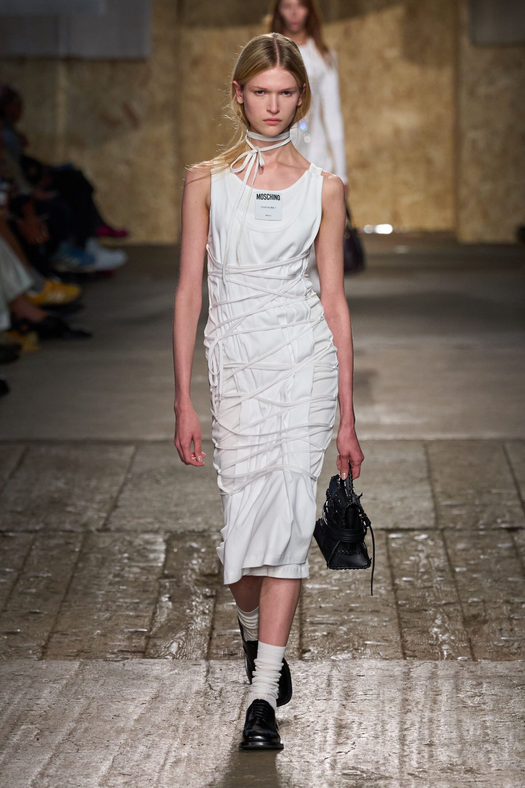 white fitted midi dress with black shoes