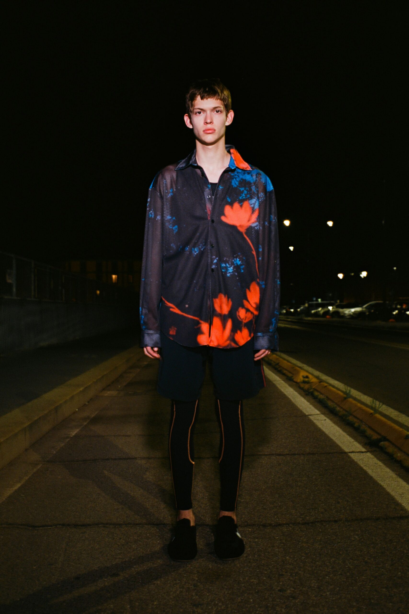 black printed long-sleeve shirt with shorts