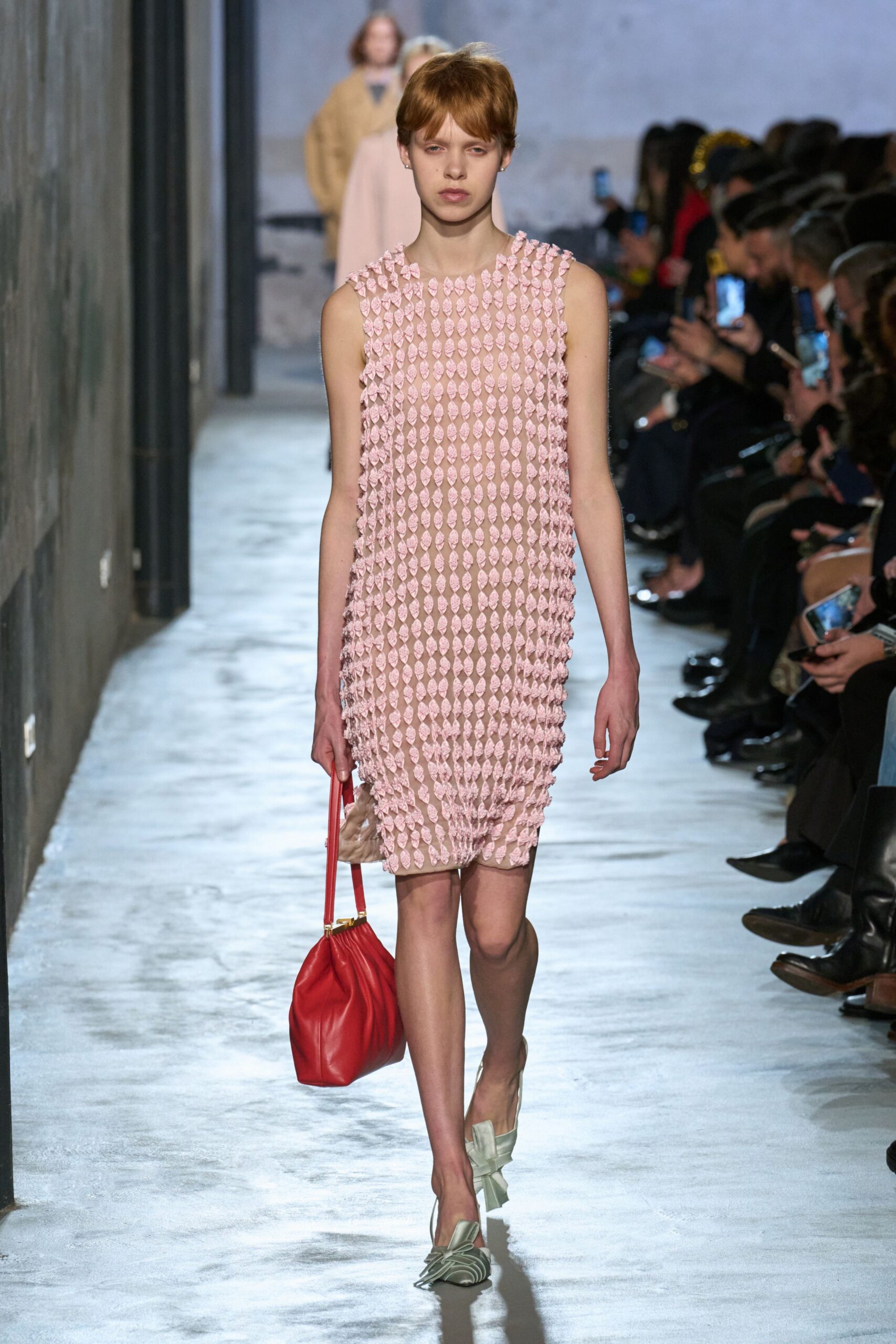 pink mesh sleeveless high-neck fitted textured mini dress