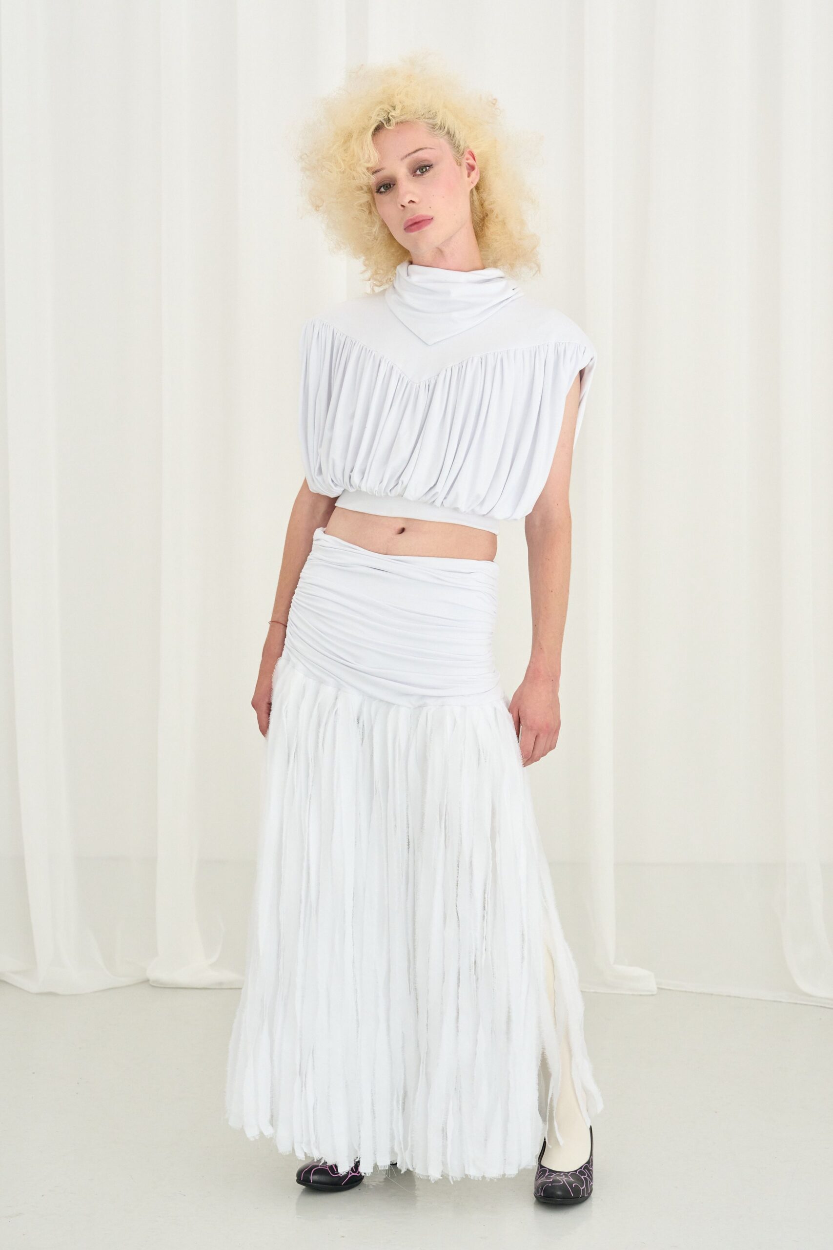 white cotton sleeveless high-neck fitted draped cropped top