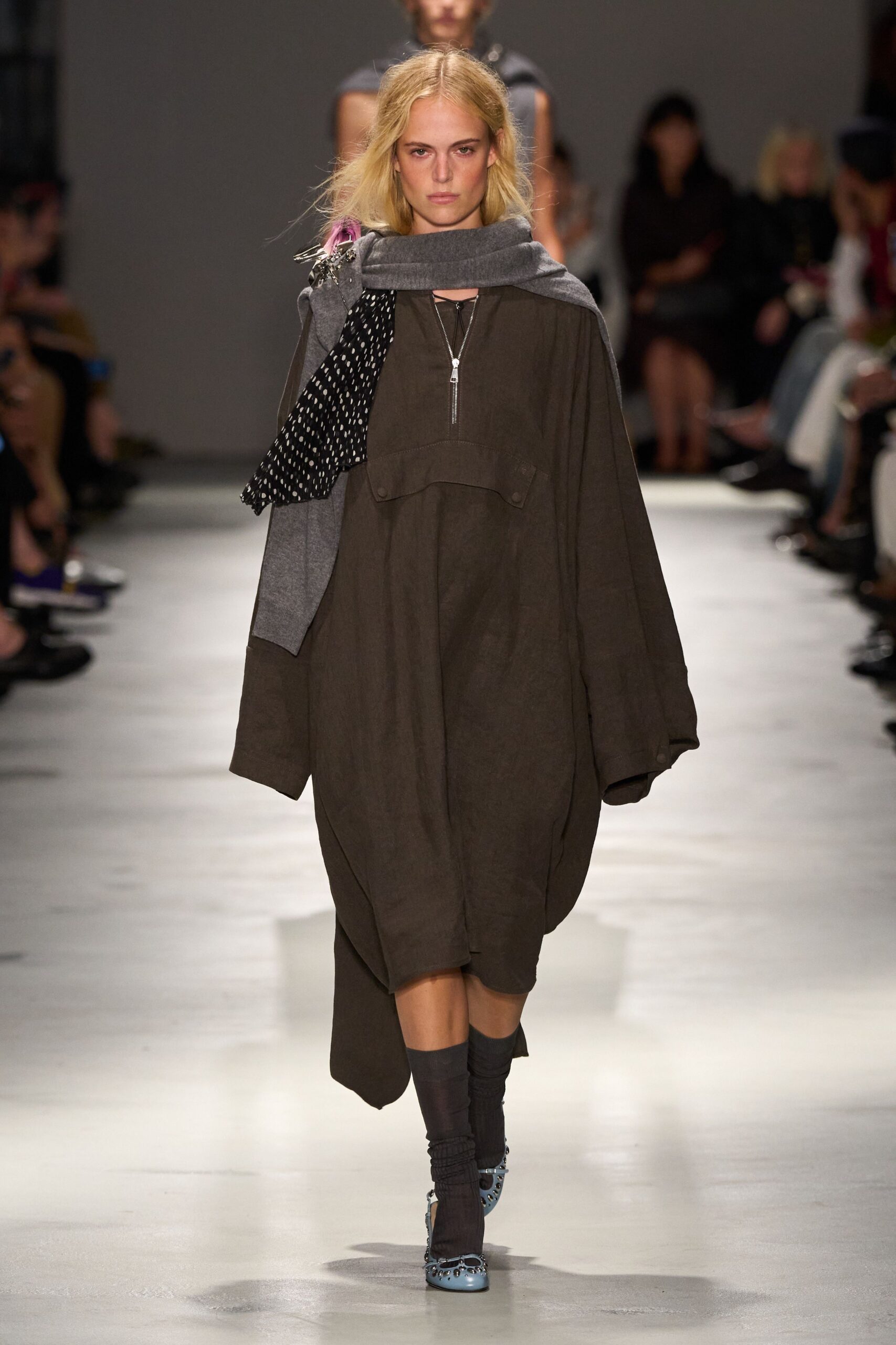 brown cotton long-sleeve collared oversized midi dress