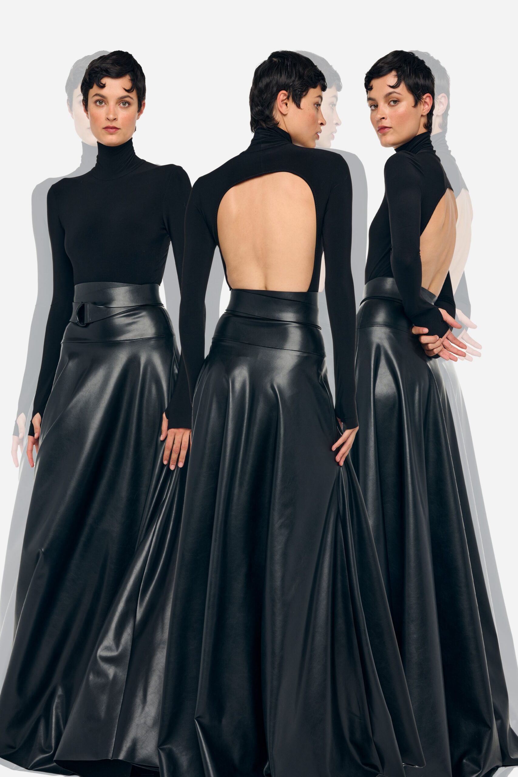 black leather fitted flared maxi skirt