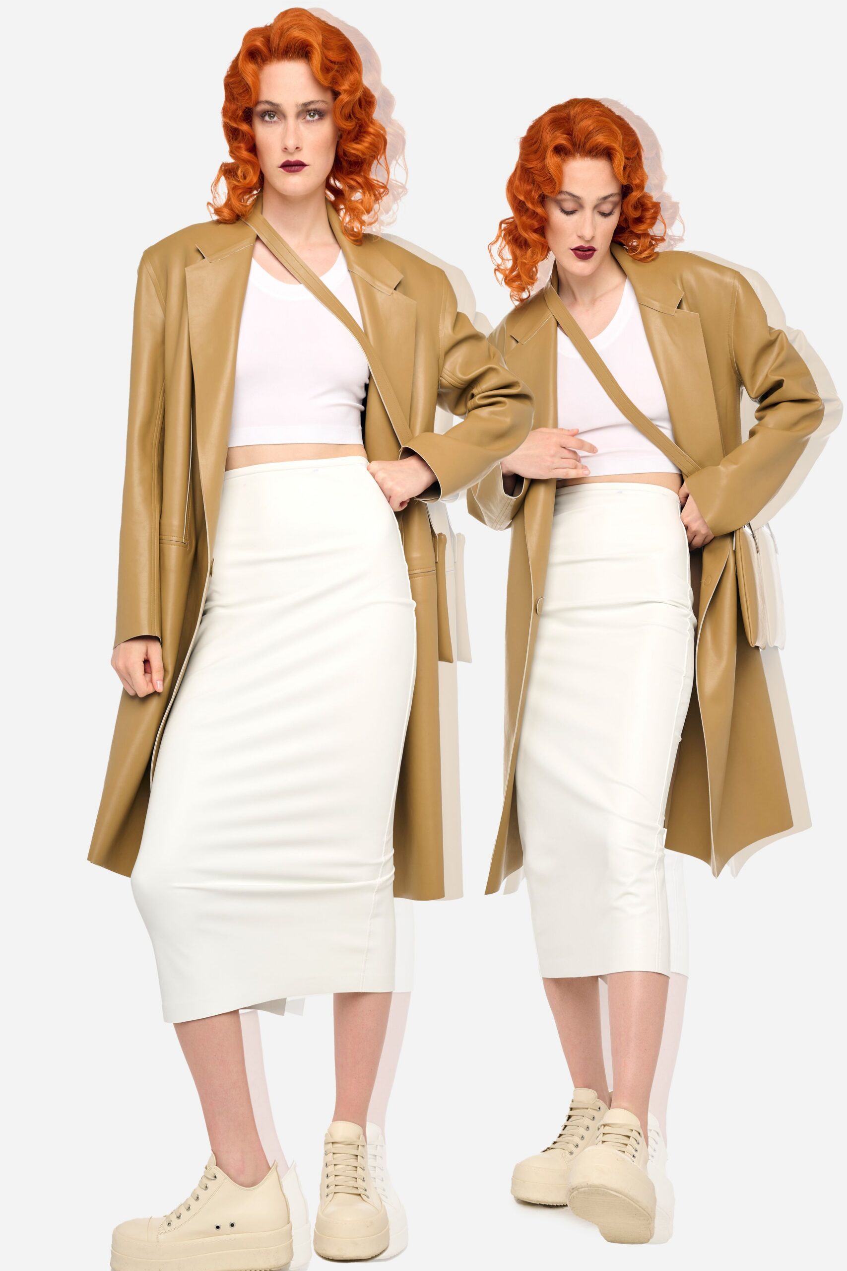 beige leather long-sleeve collared oversized coat