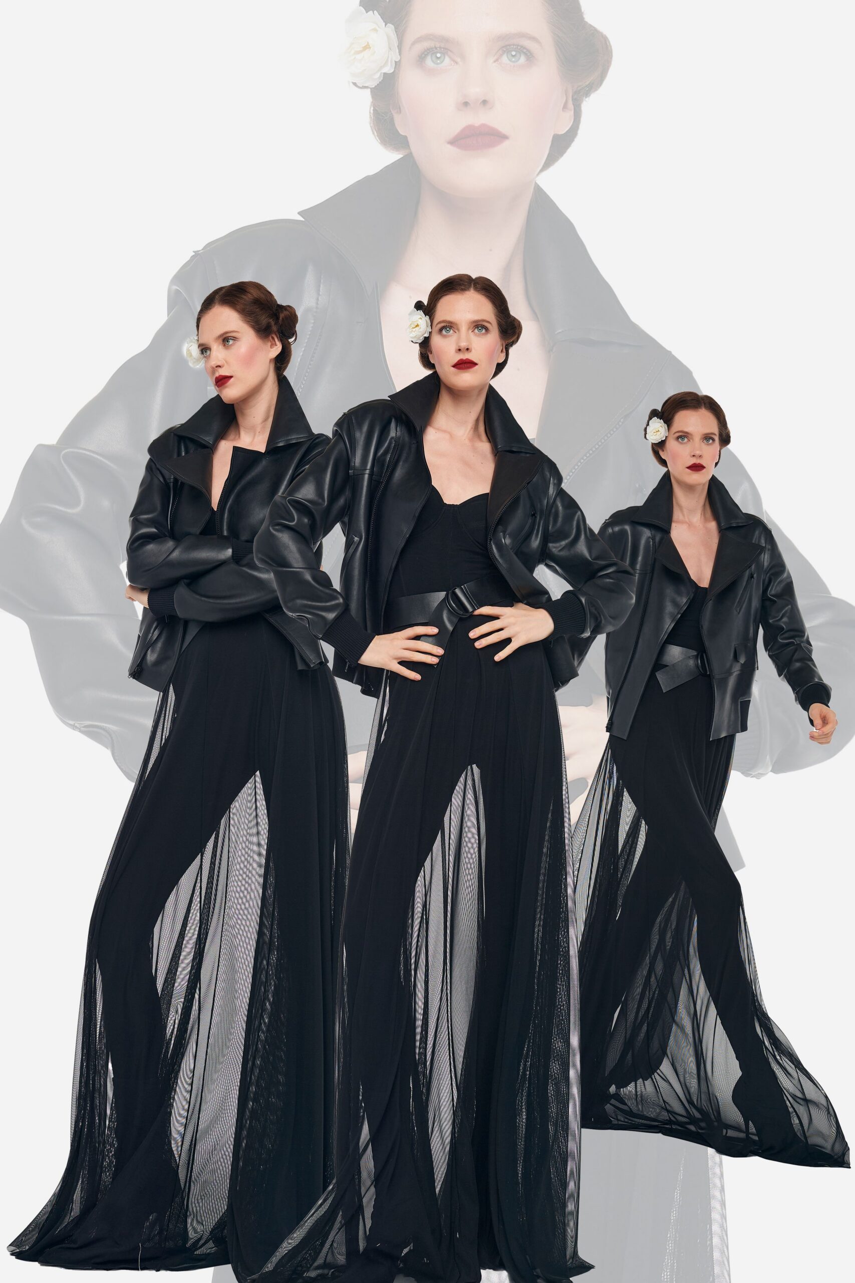 black leather jacket and flowing dress