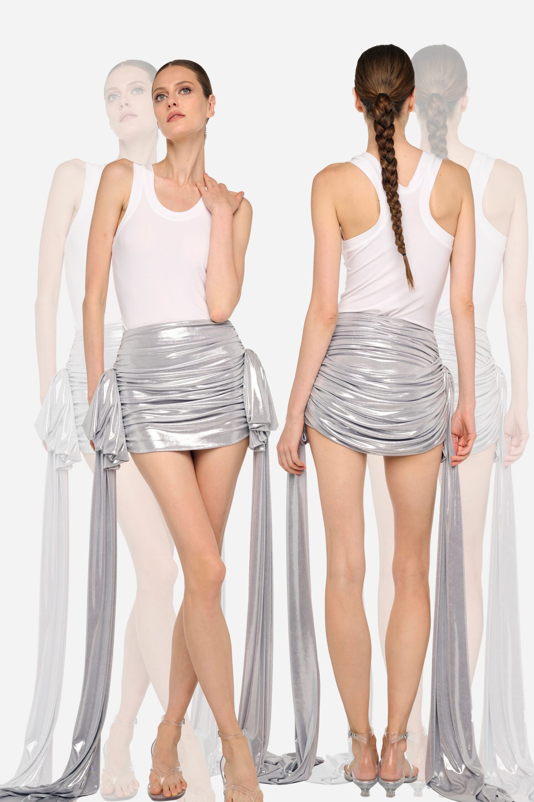 white tank-top silver mini skirt