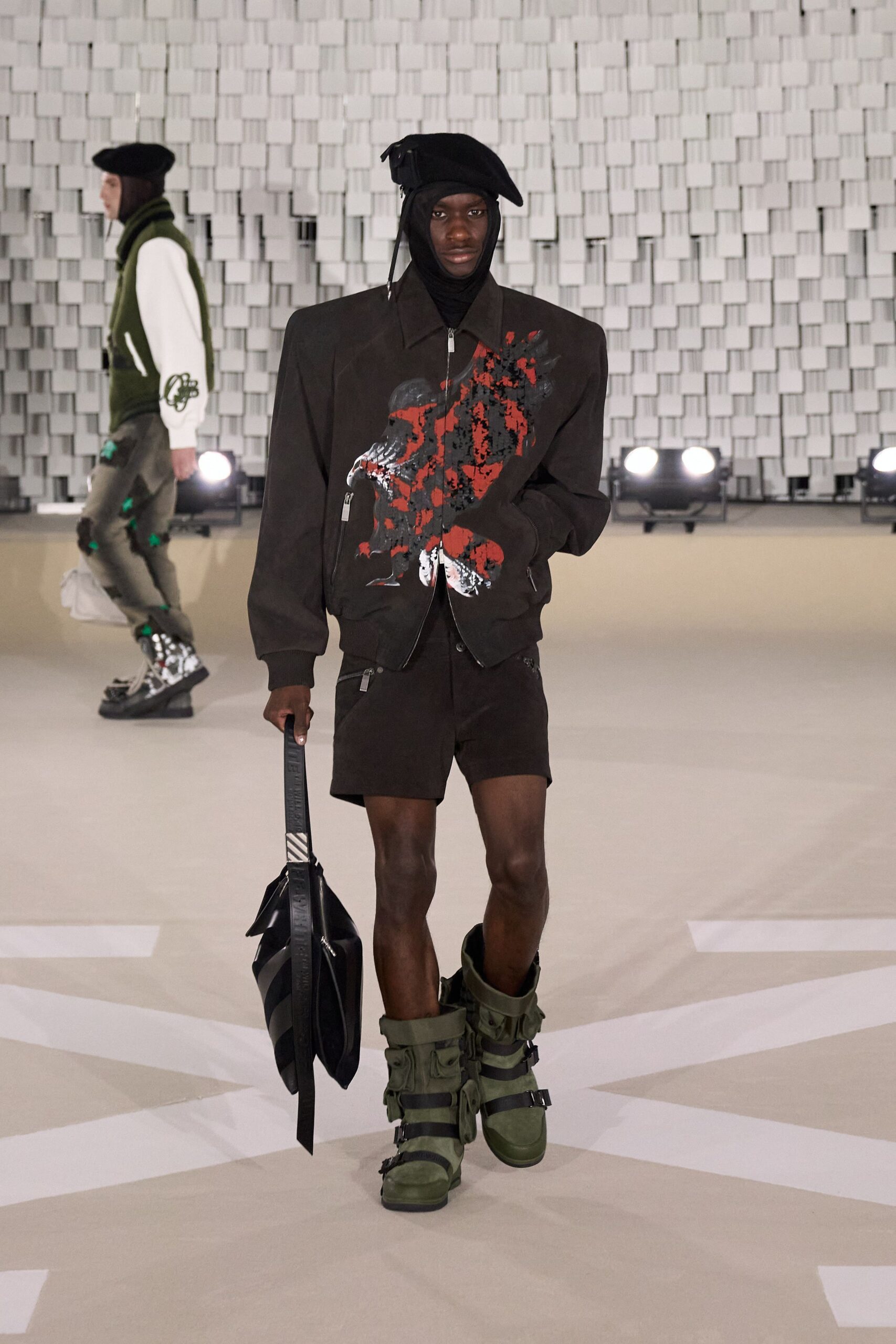 black cotton long-sleeve collared oversized printed jacket