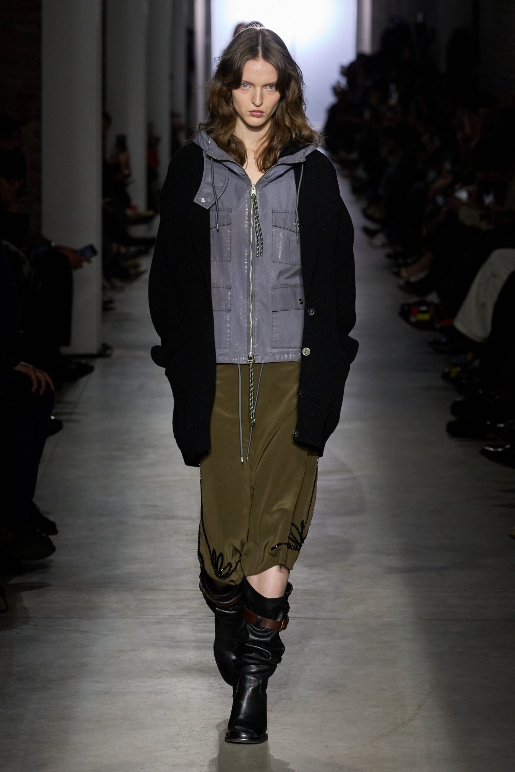 gray jacket black cardigan green skirt black boots