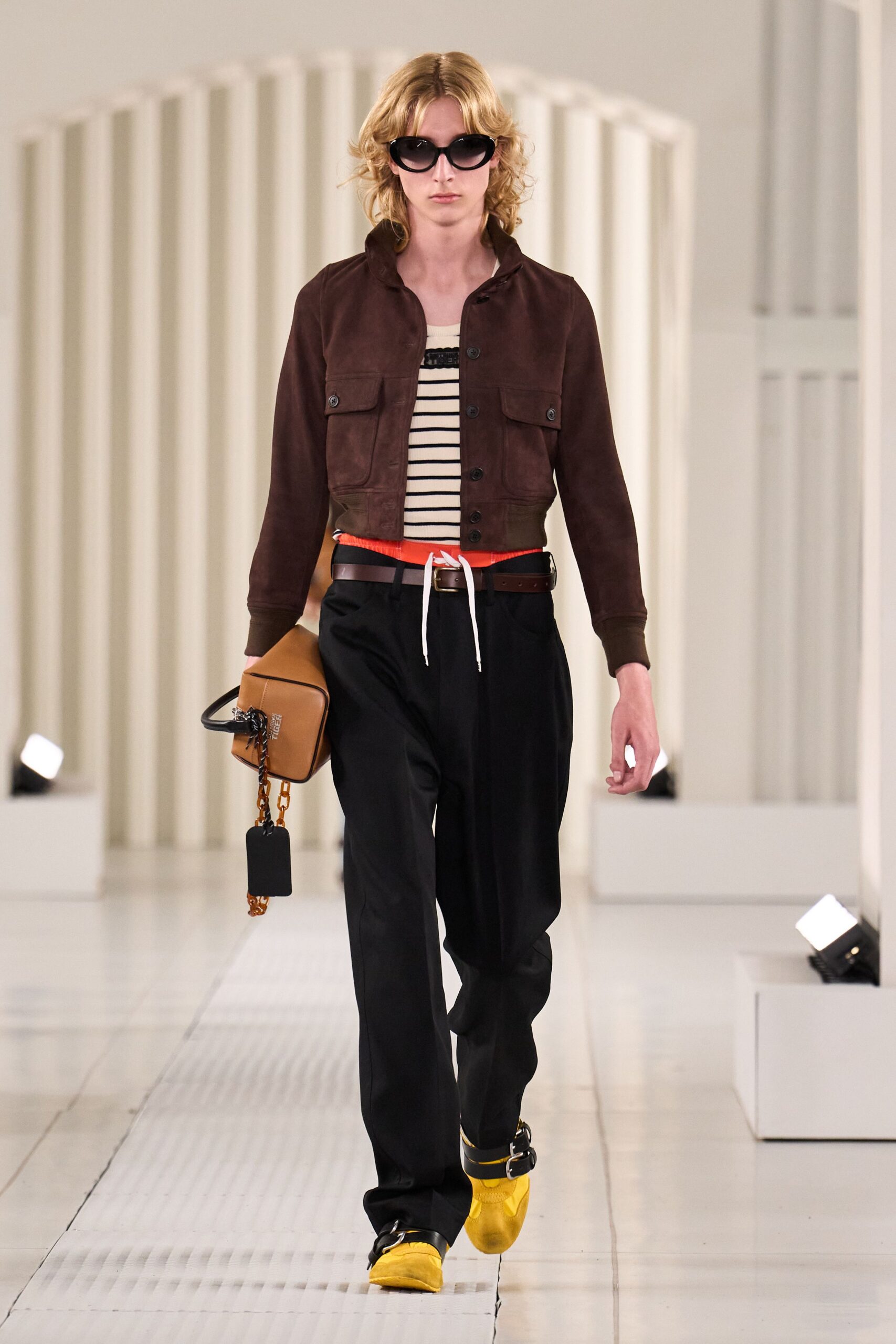 brown suede jacket with striped top