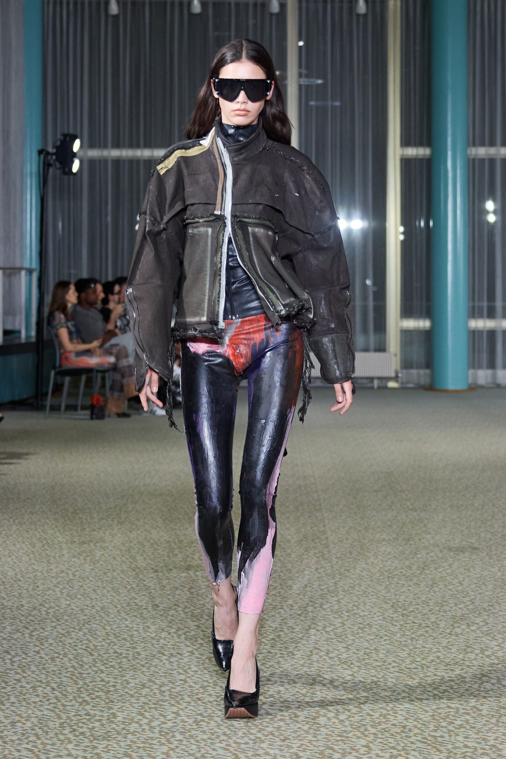 black leather long-sleeve collared oversized zippered distressed jacket