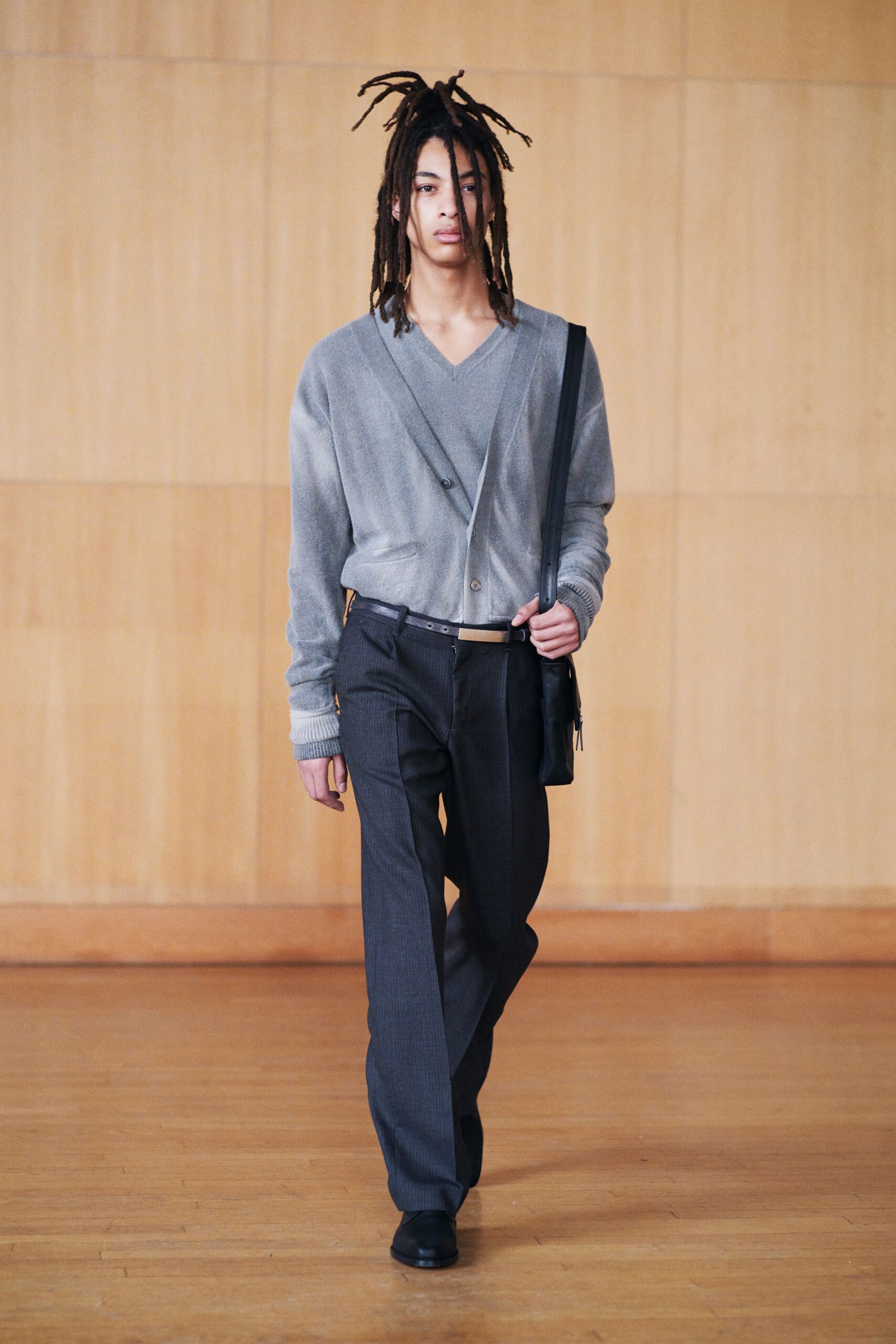 gray wool cardigan with black pants