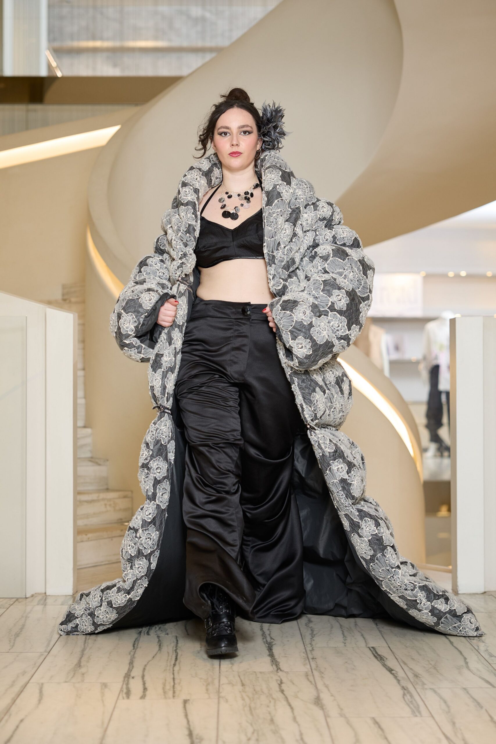 black and white floral coat