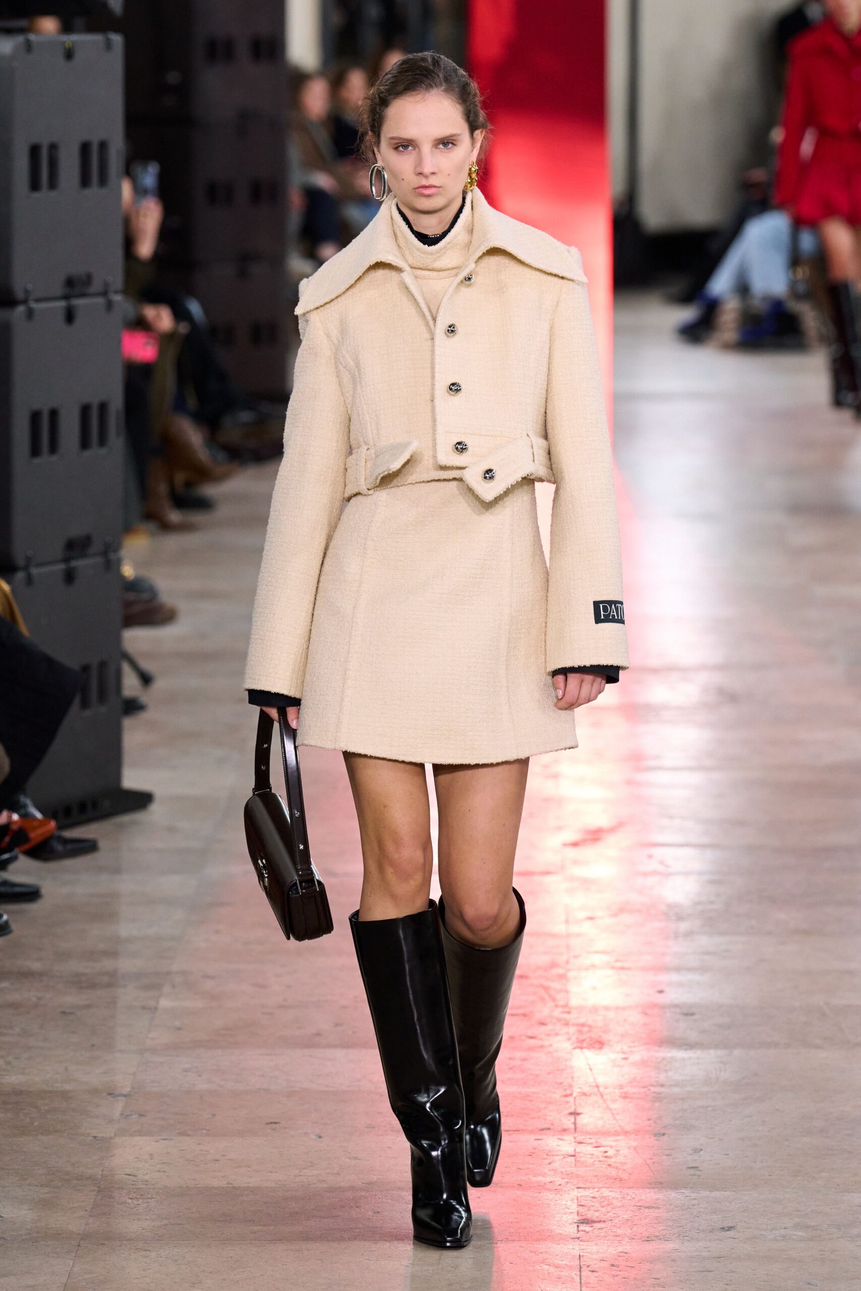 beige wool long-sleeve collared fitted buttoned belted coat