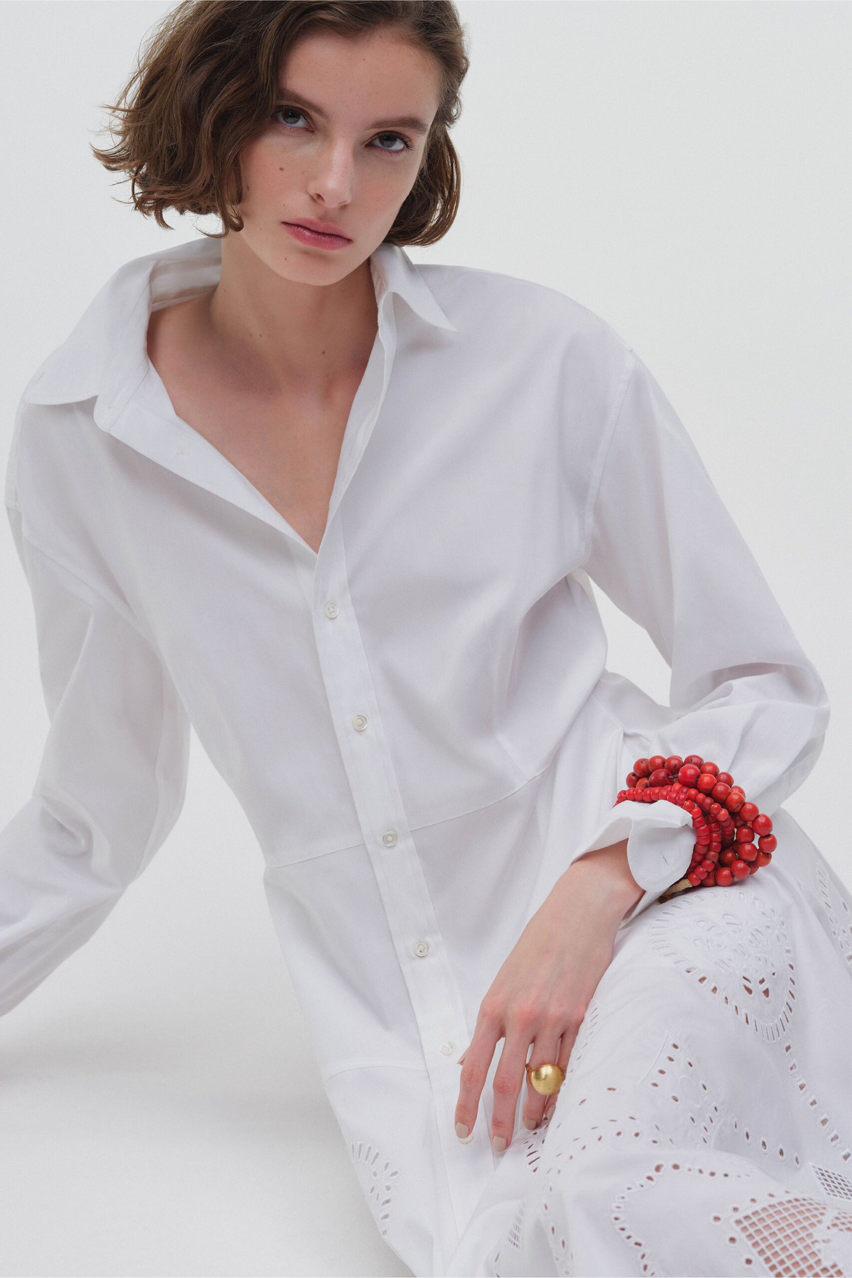 white cotton long-sleeve collared relaxed buttoned midi shirt-dress