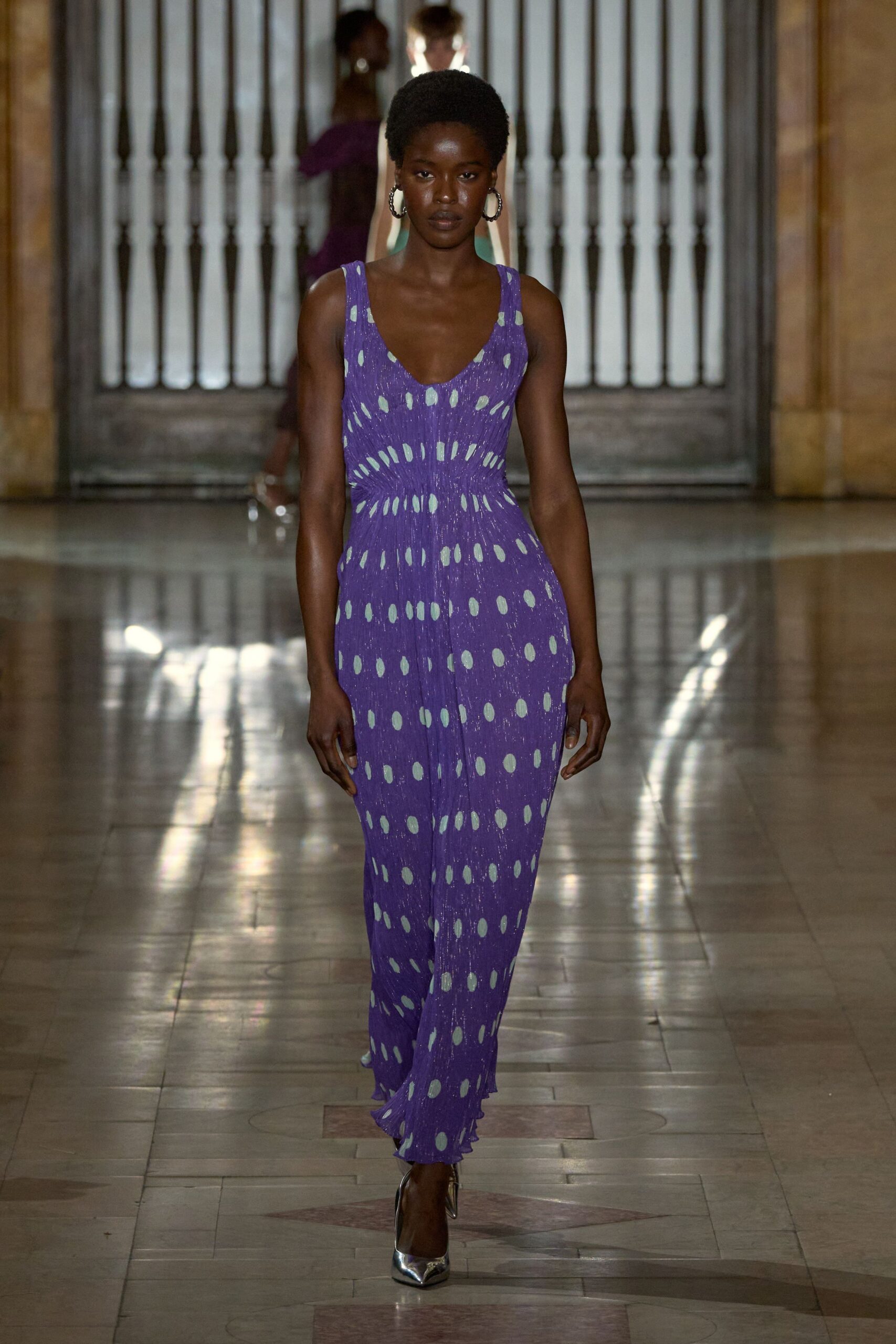 purple polka-dot midi dress with heels