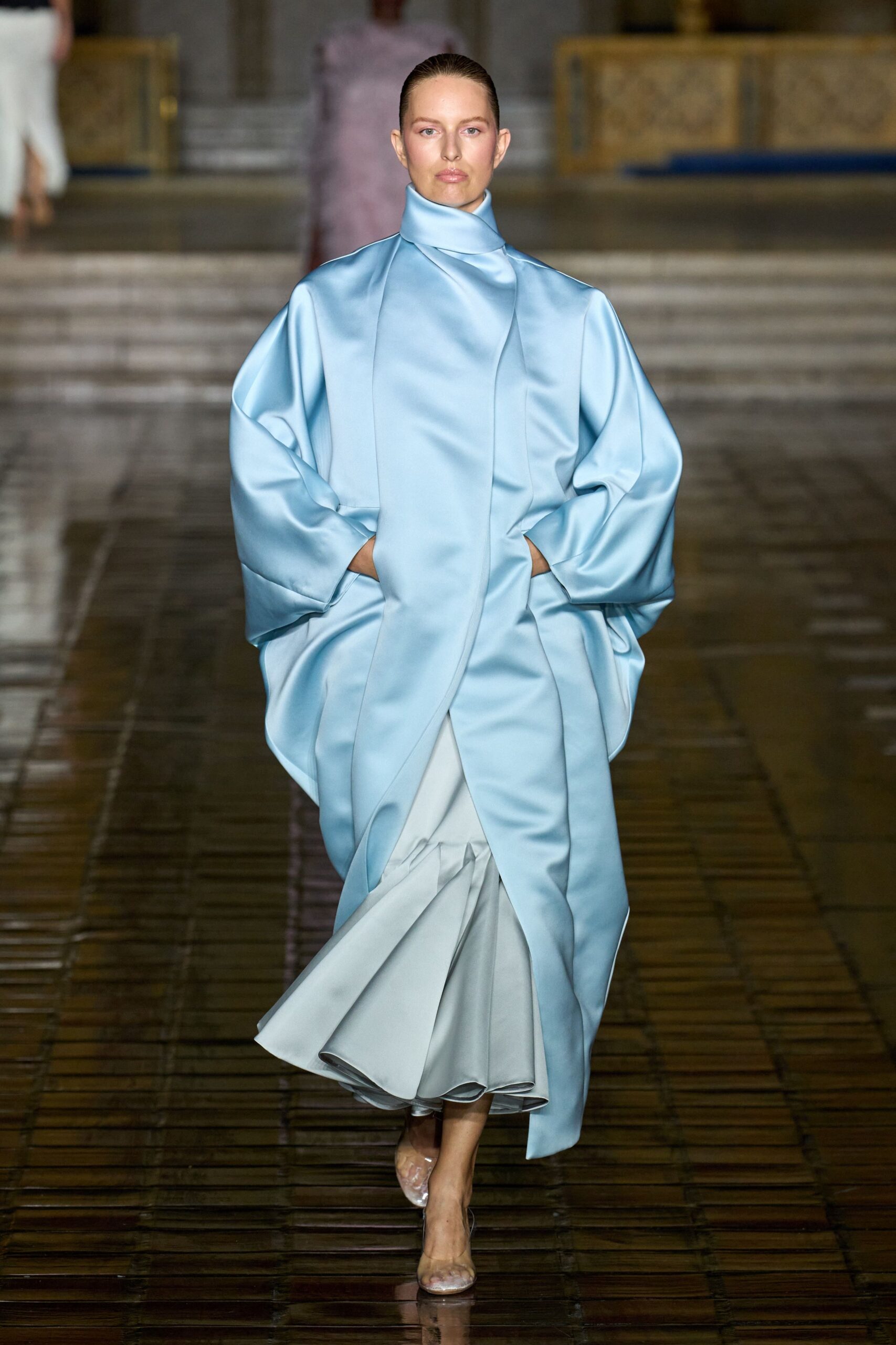 blue silk coat gray pleated skirt