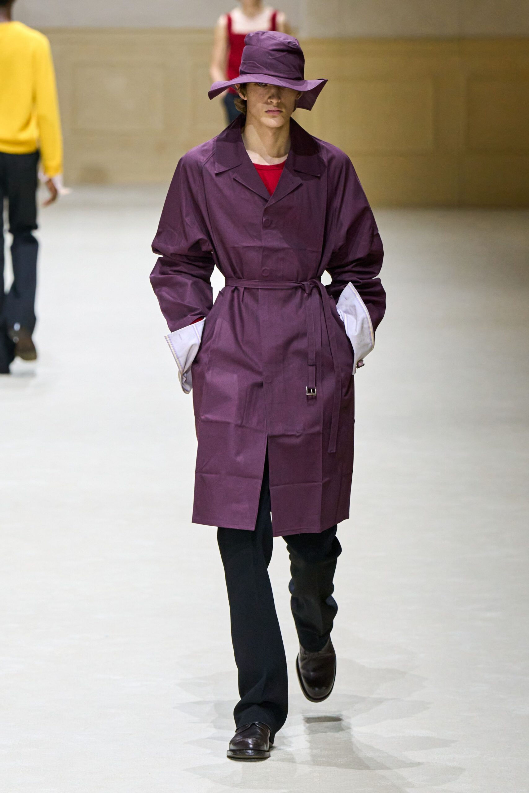 purple cotton long-sleeve collared tailored belted trench