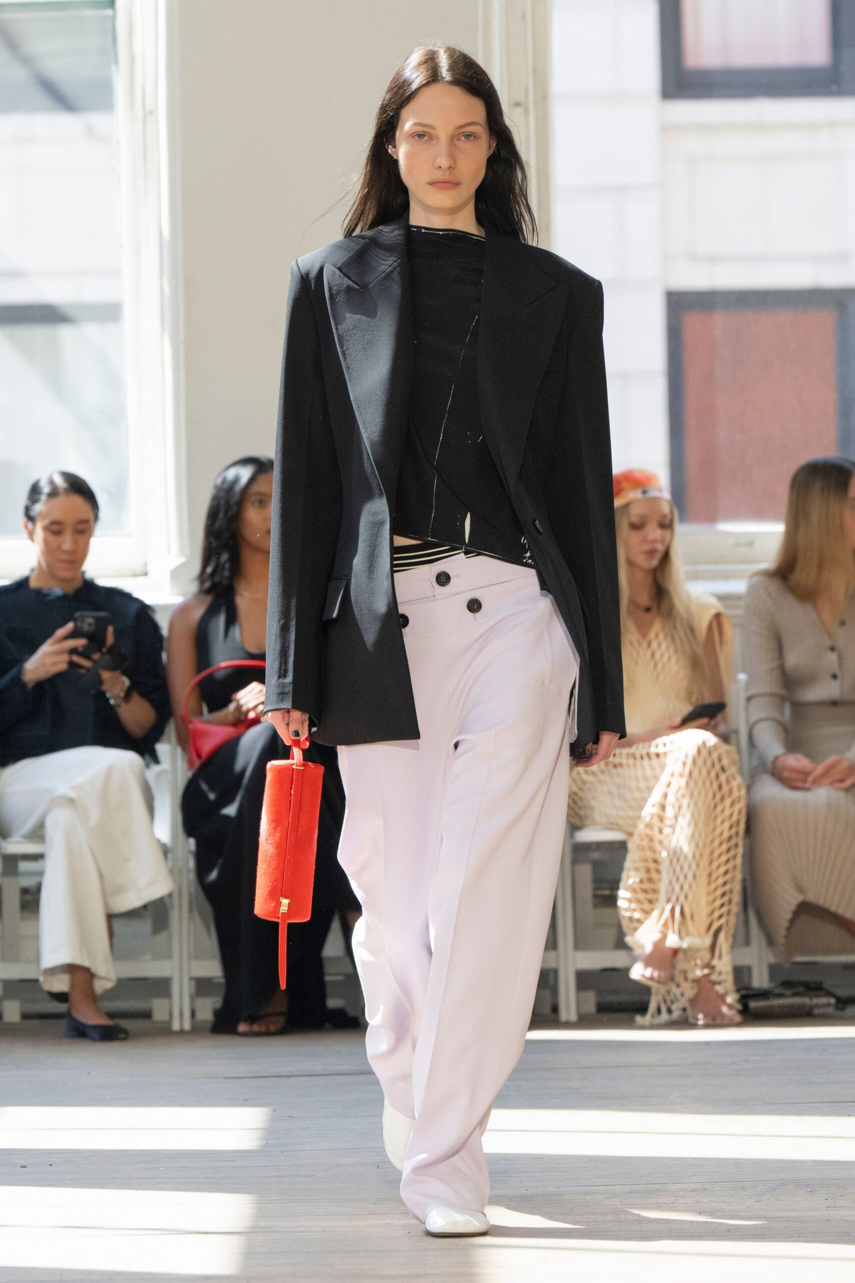 black blazer white pants