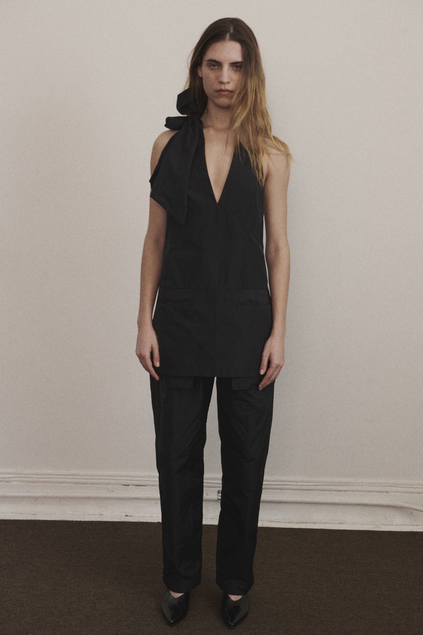 black fitted top with relaxed pants