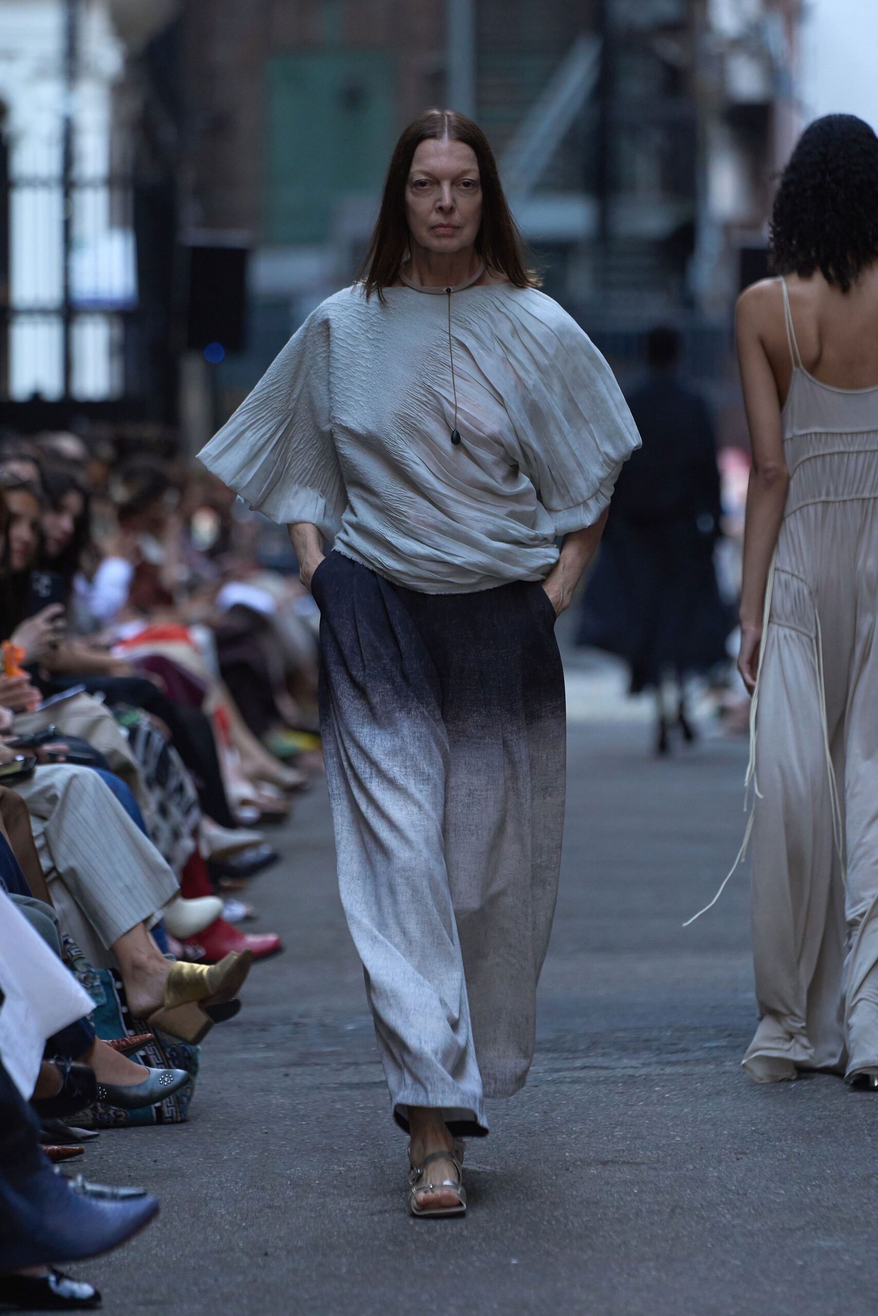 gray silk relaxed top and pants