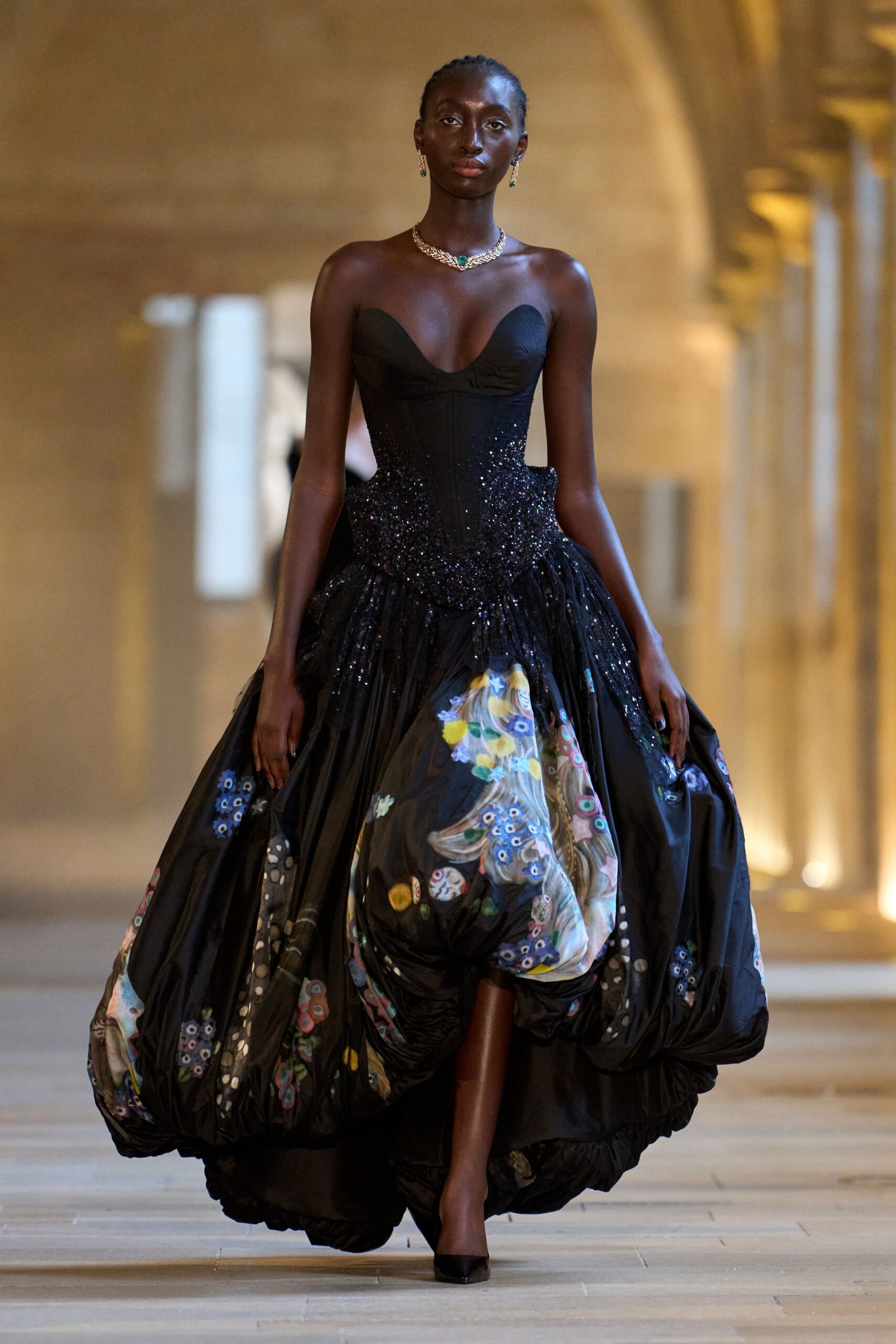 black strapless embroidered gown