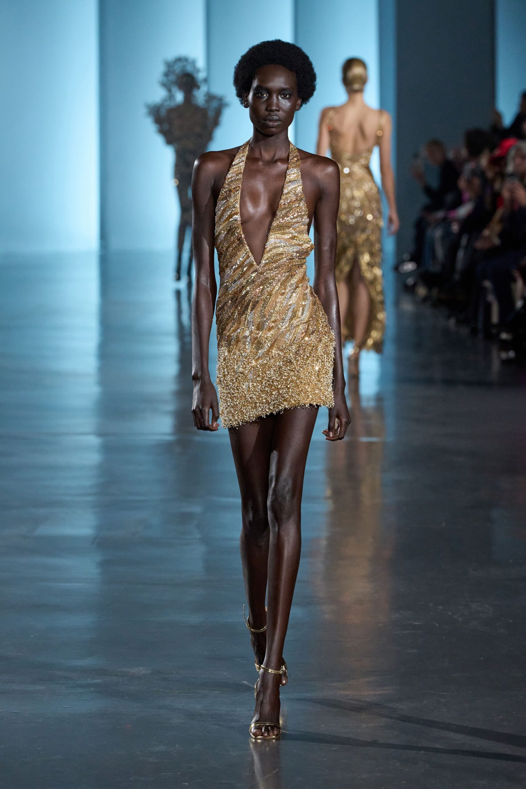 gold metallic sleeveless v-neck fitted sequined shiny mini-dress