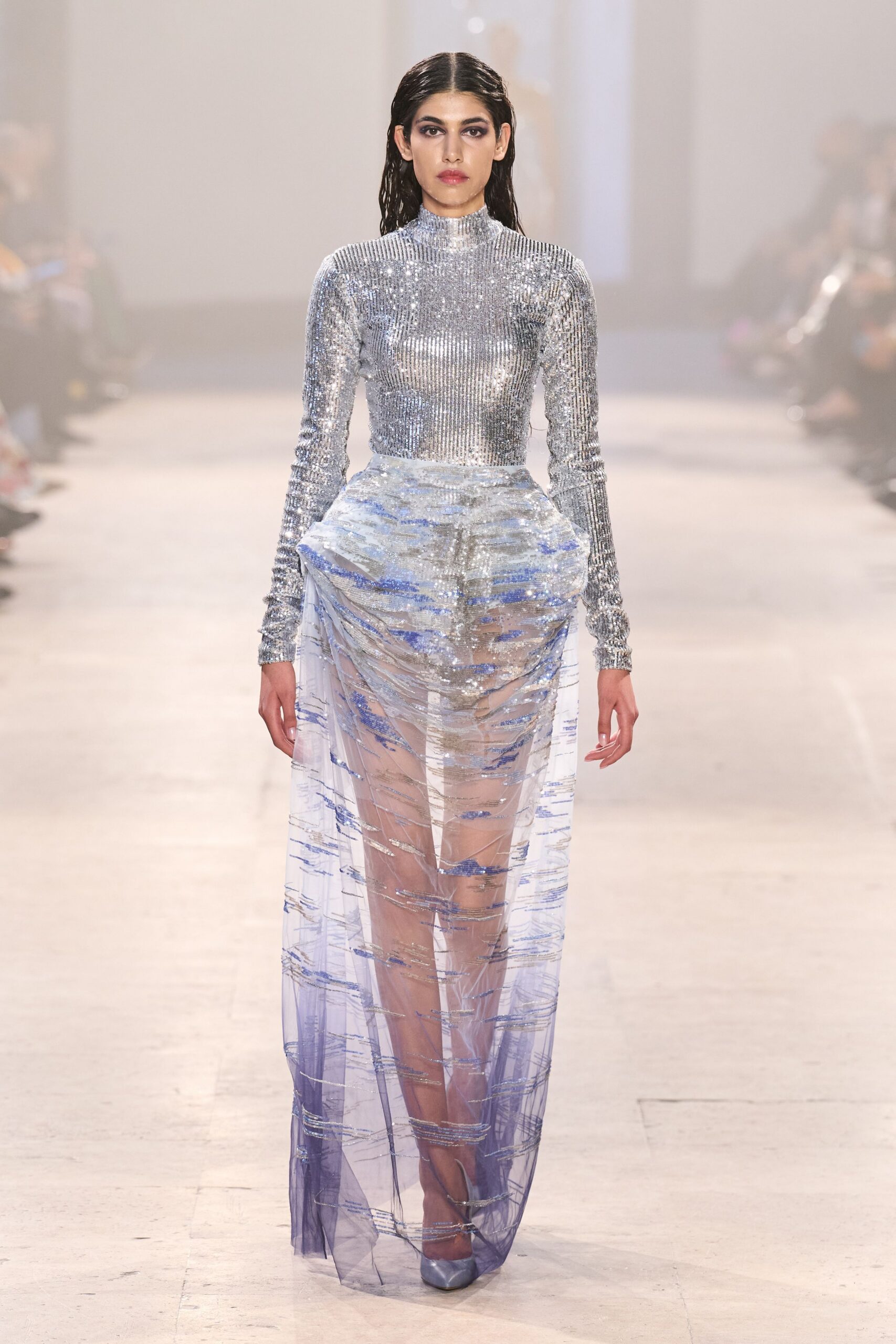 silver sequined long-sleeve gown