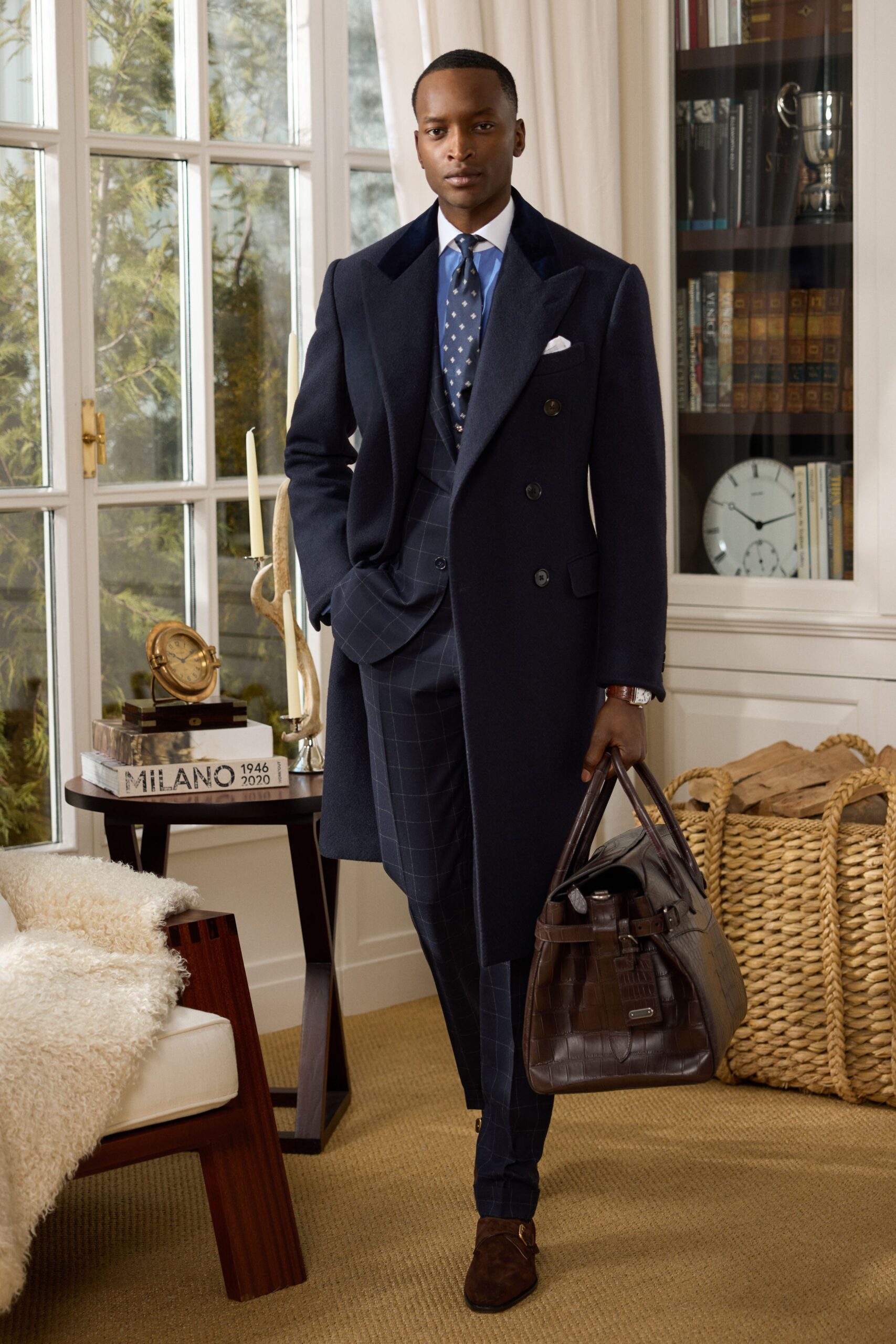 blue wool long-sleeve double-breasted structured coat