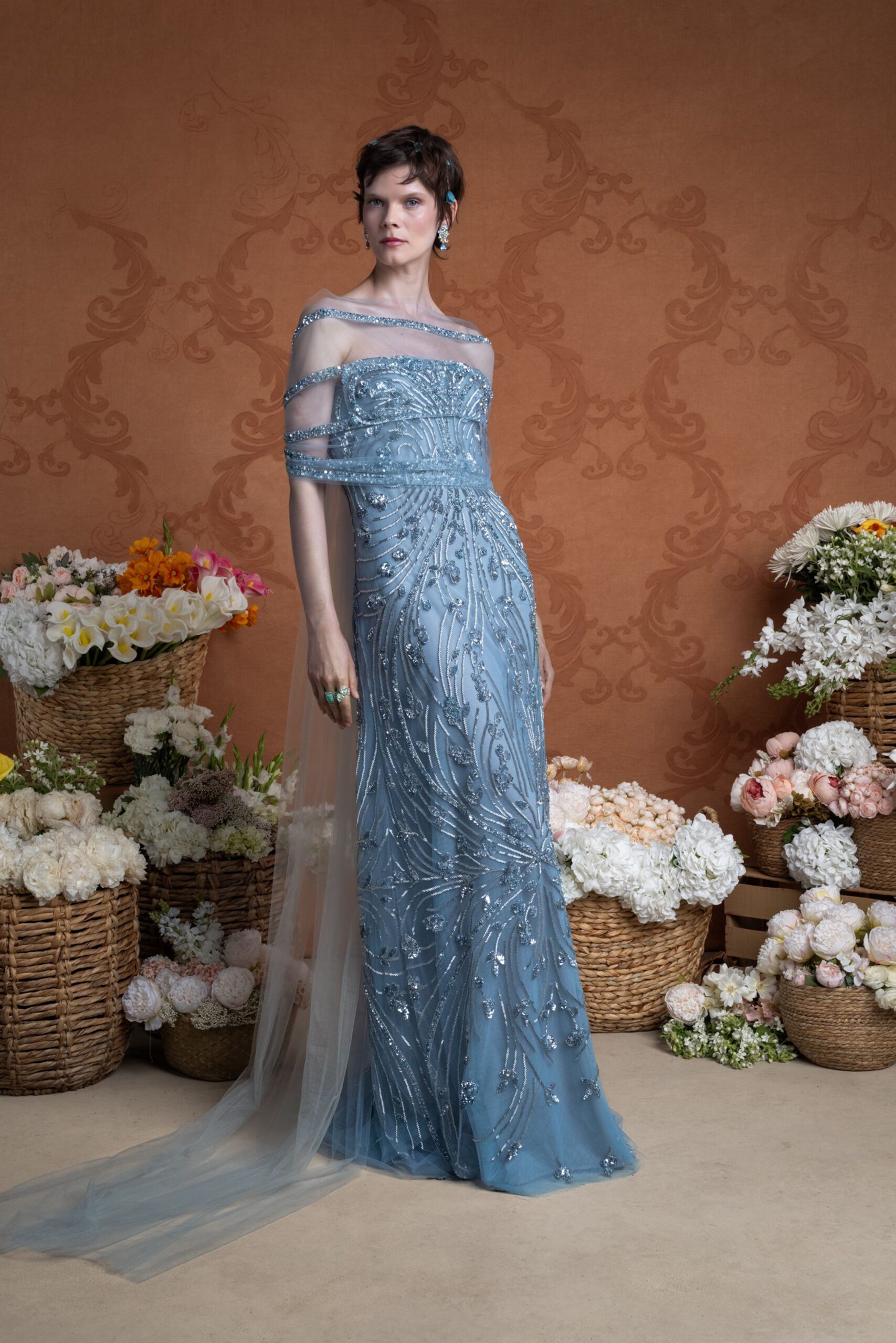 blue silk off-shoulder gown