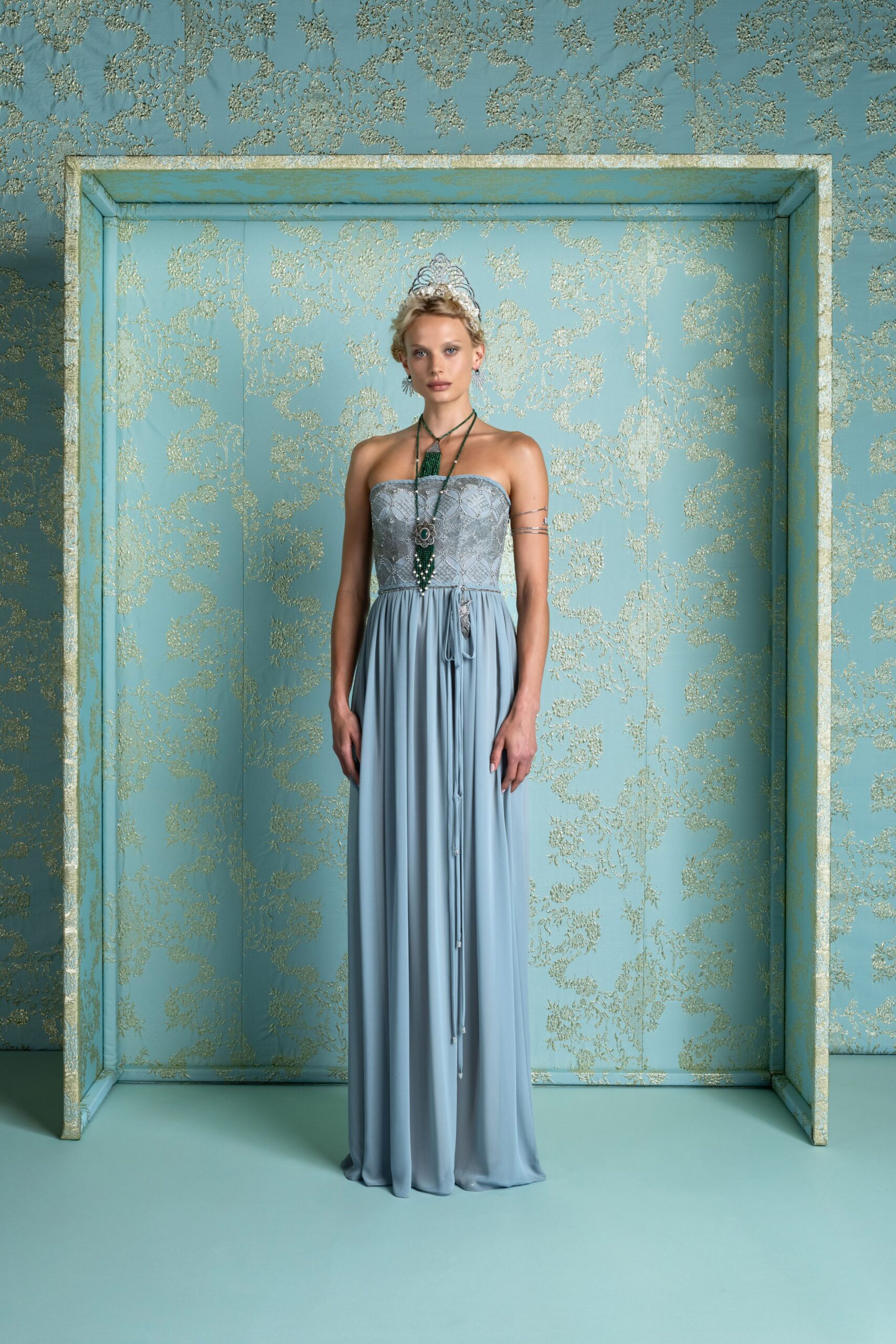 blue silk strapless gown