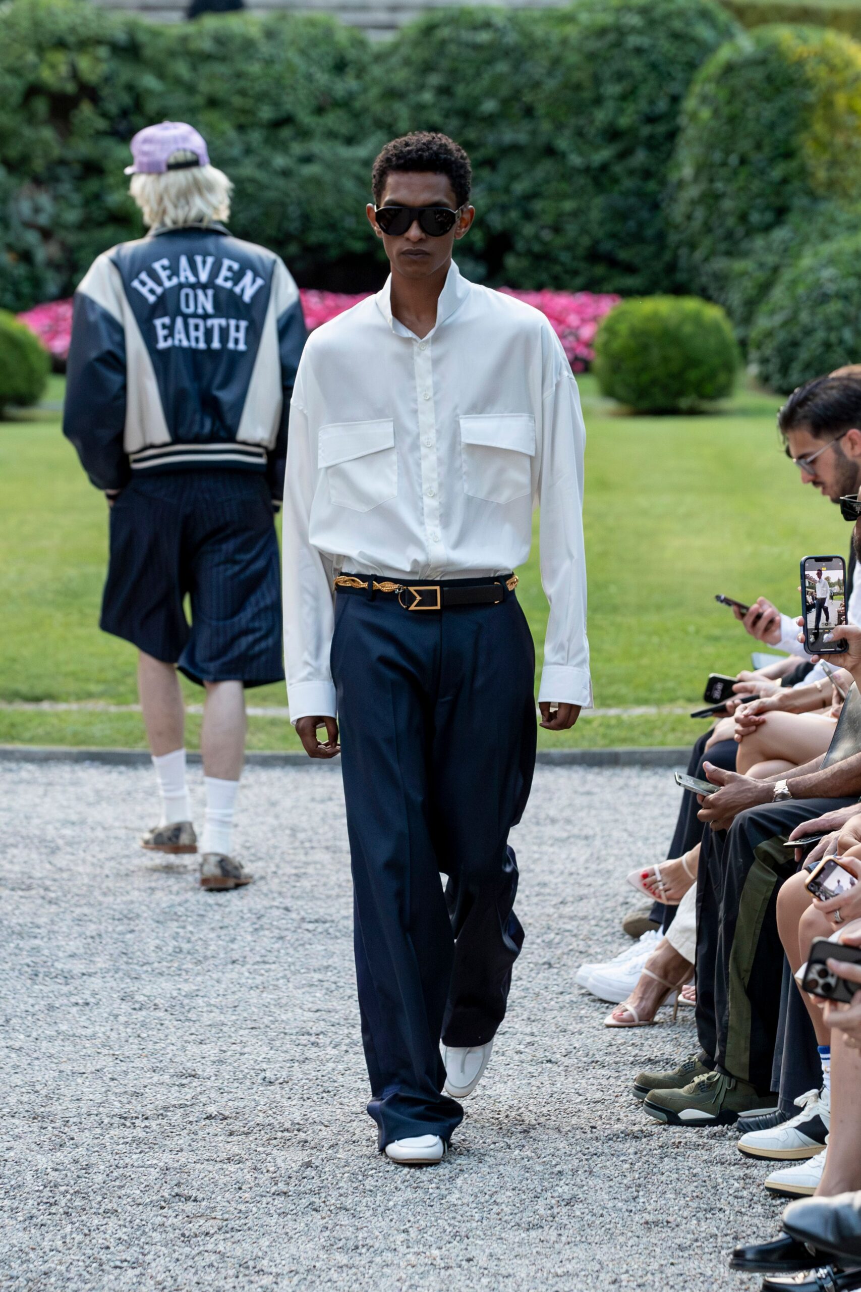 white fitted shirt with navy pants