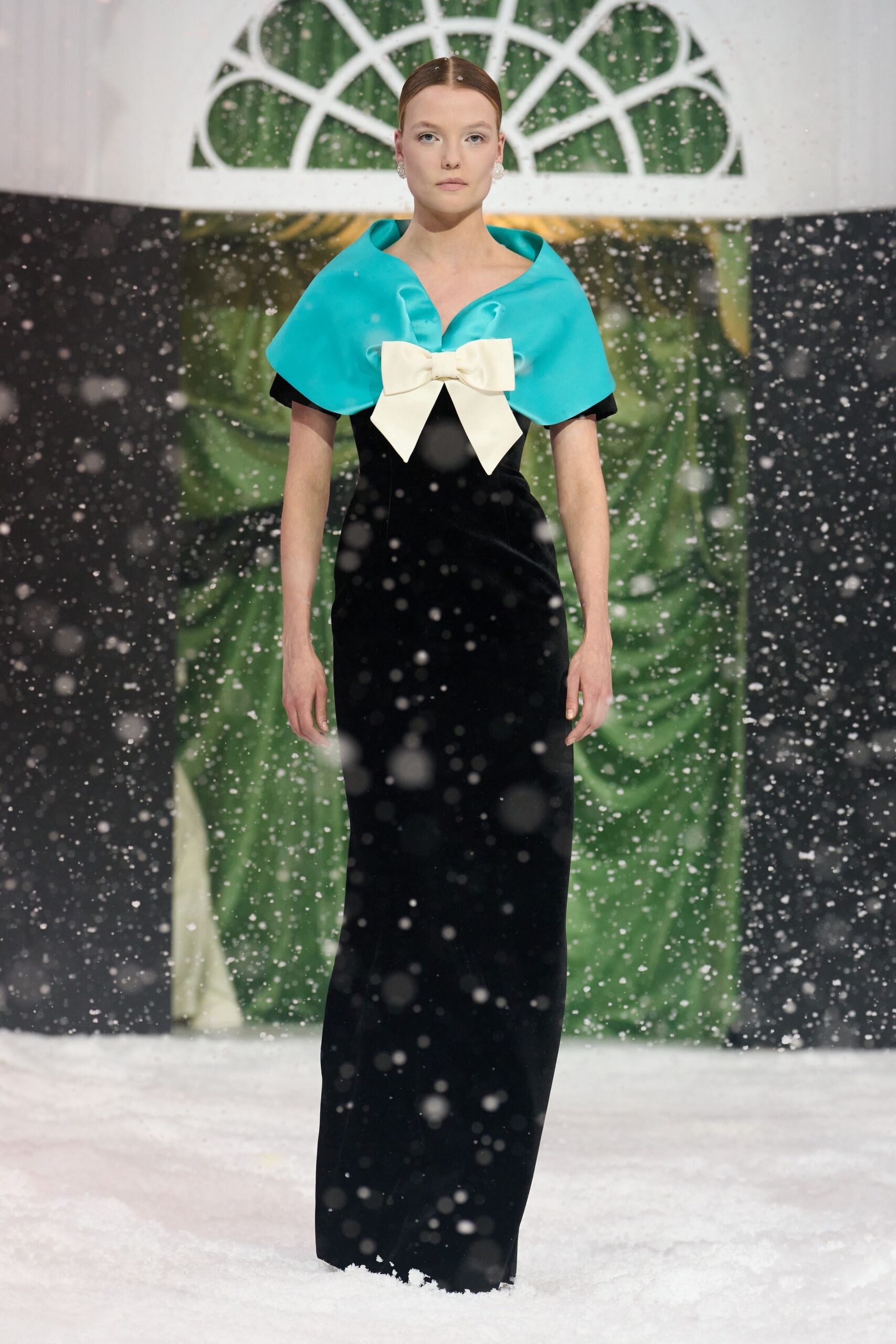 black velvet gown with blue collar
