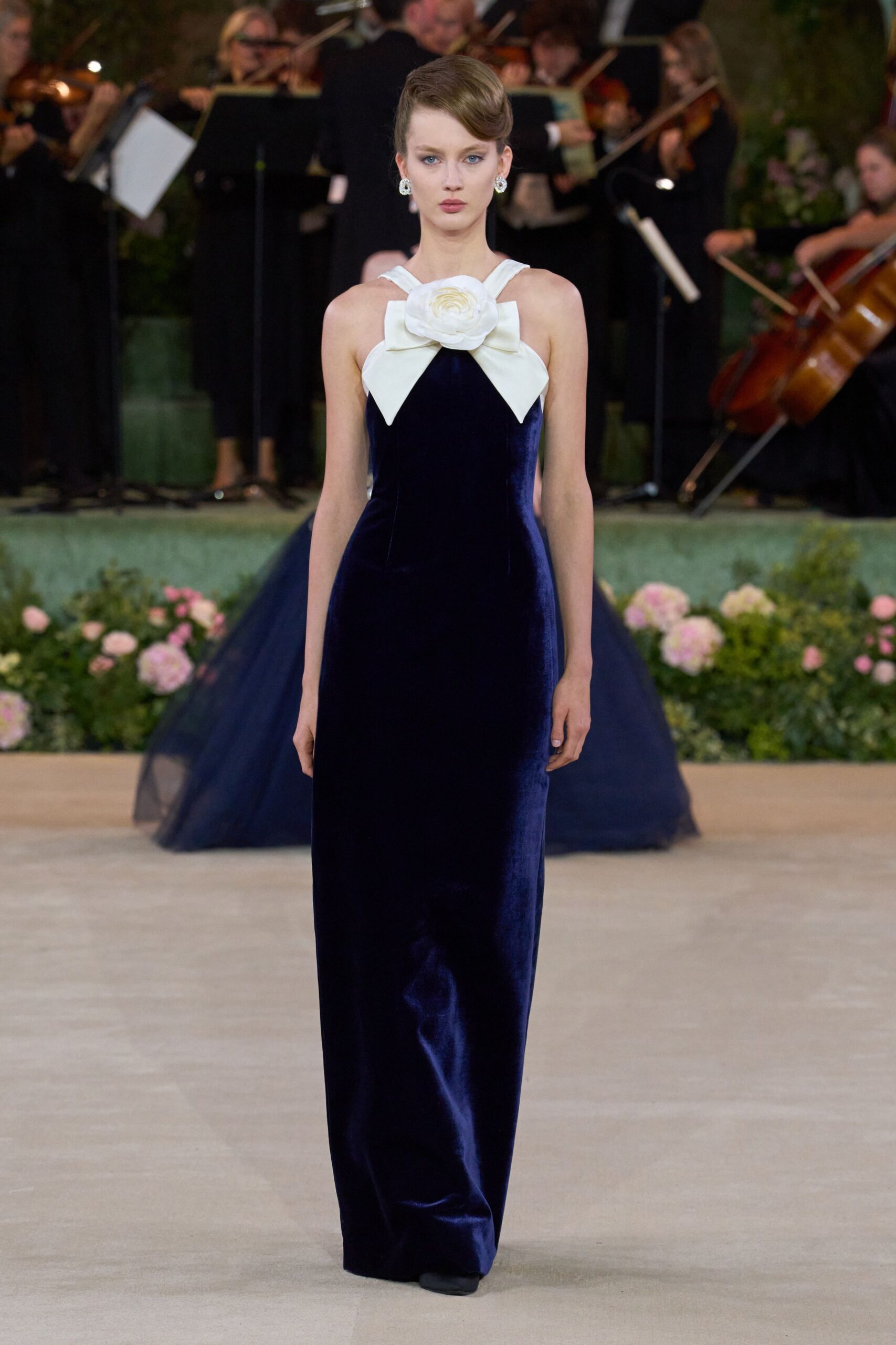 navy velvet strapless gown