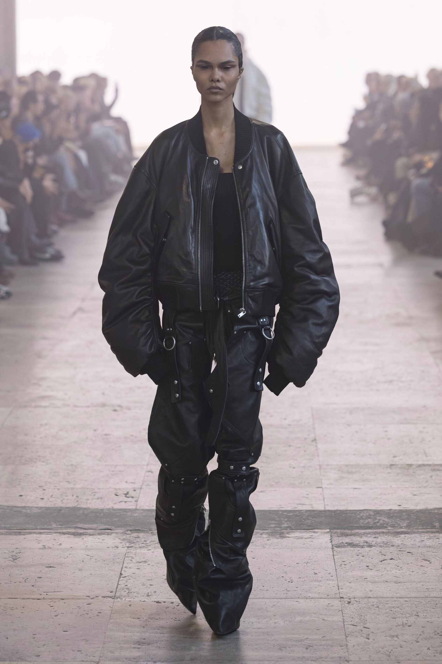 black leather oversized jacket and pants
