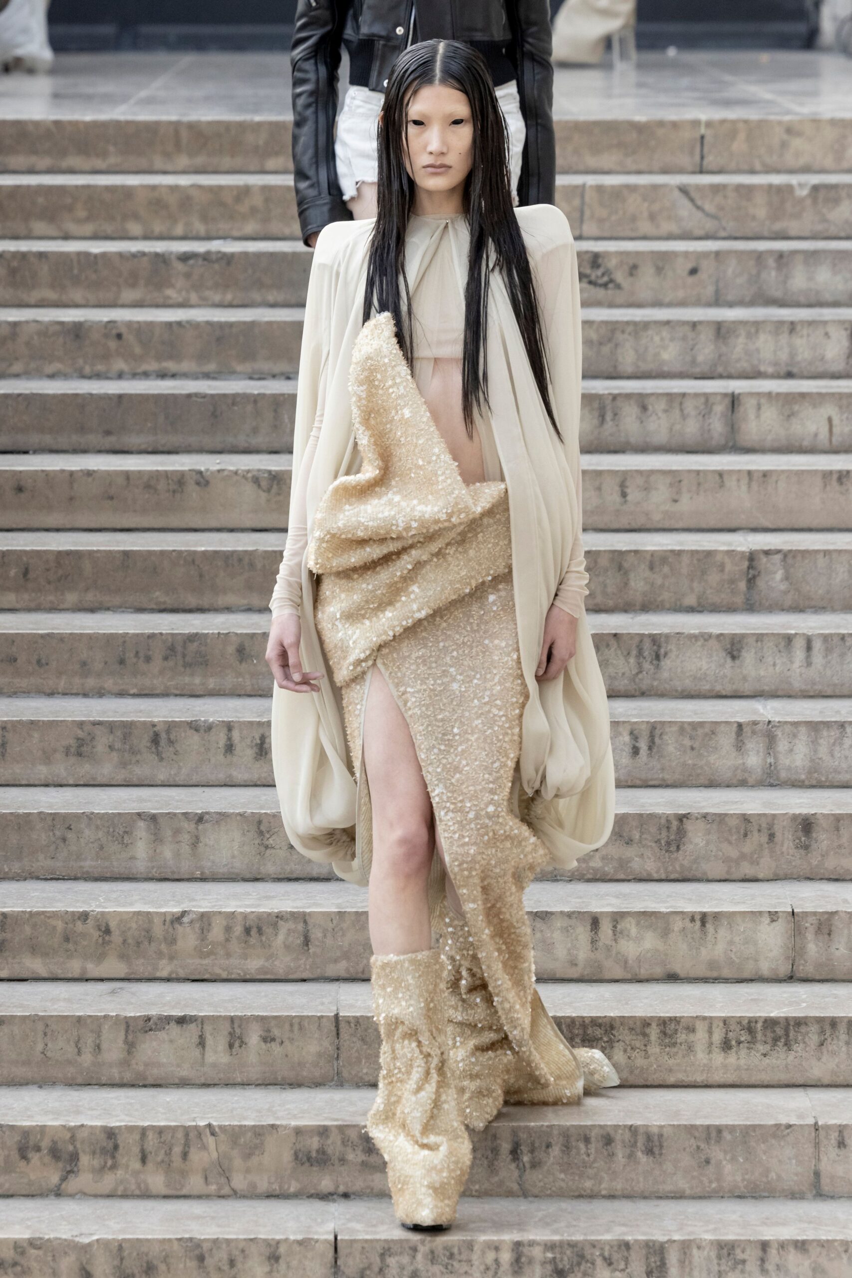 beige sequin long-sleeve high-neck fitted draped shiny gown