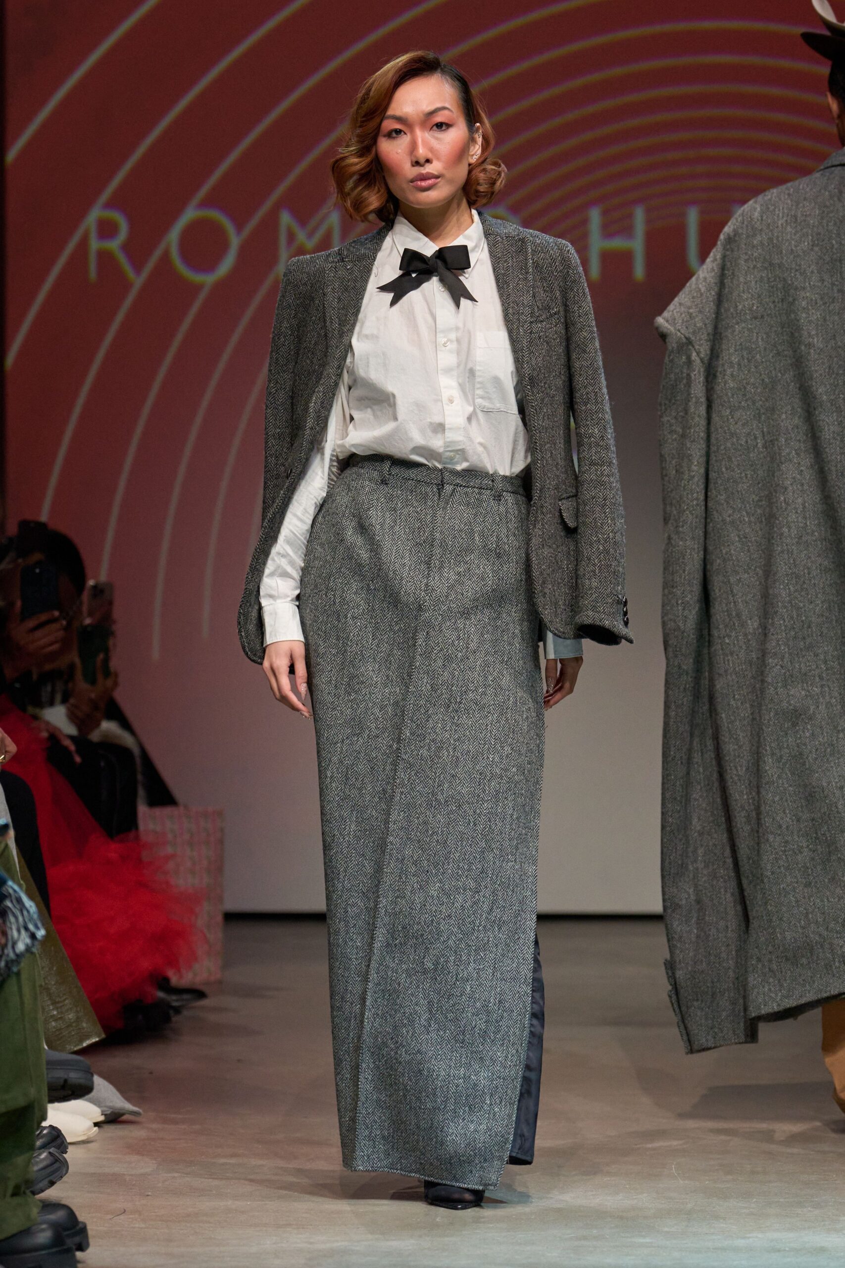 gray tweed relaxed straight-leg midi skirt