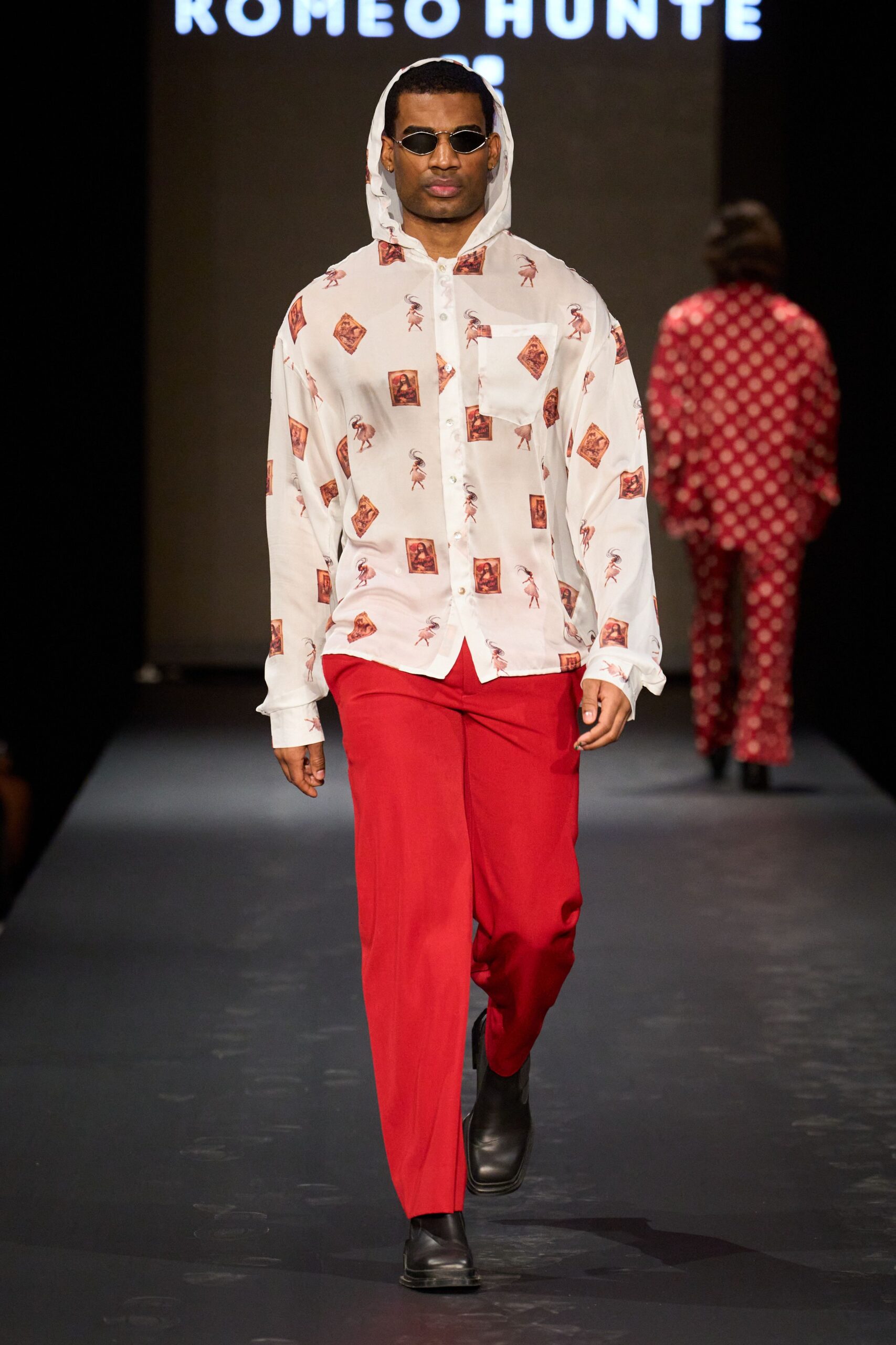 red cotton fitted straight-leg pants