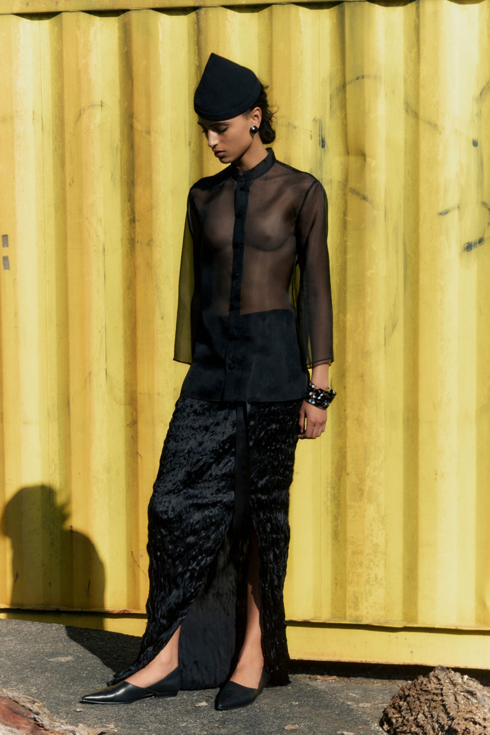 black velvet slit fitted high-waisted pleated midi skirt
