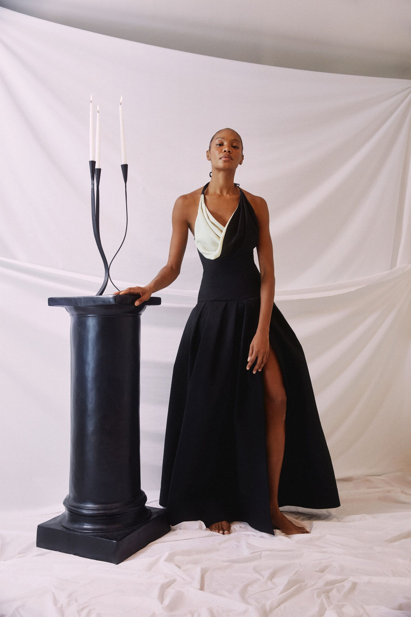 black and white sleeveless gown